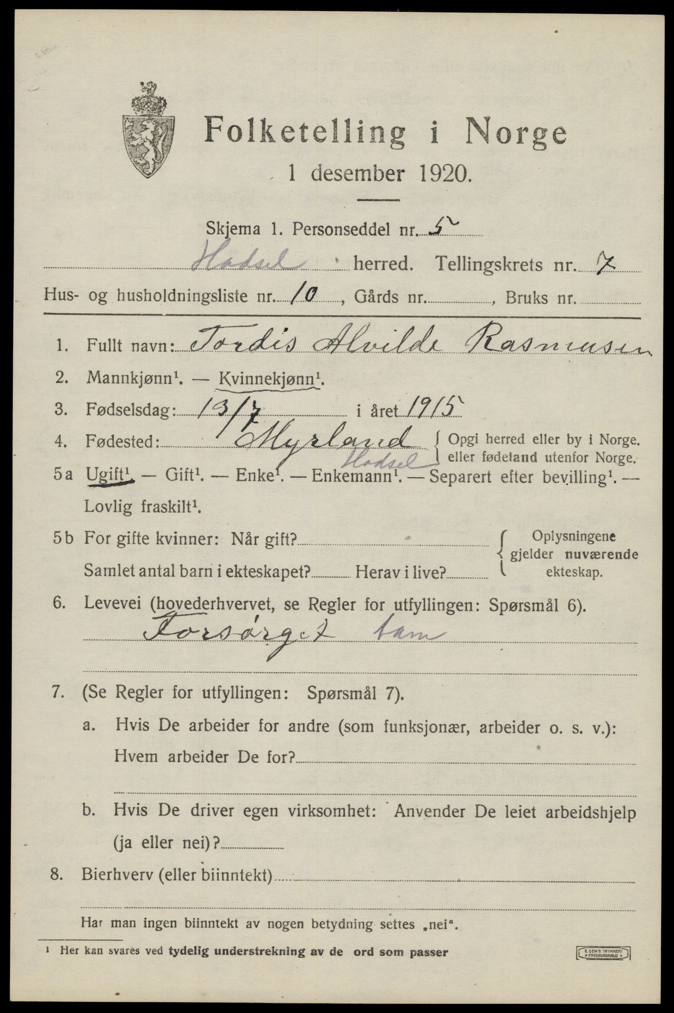 SAT, 1920 census for Hadsel, 1920, p. 7000