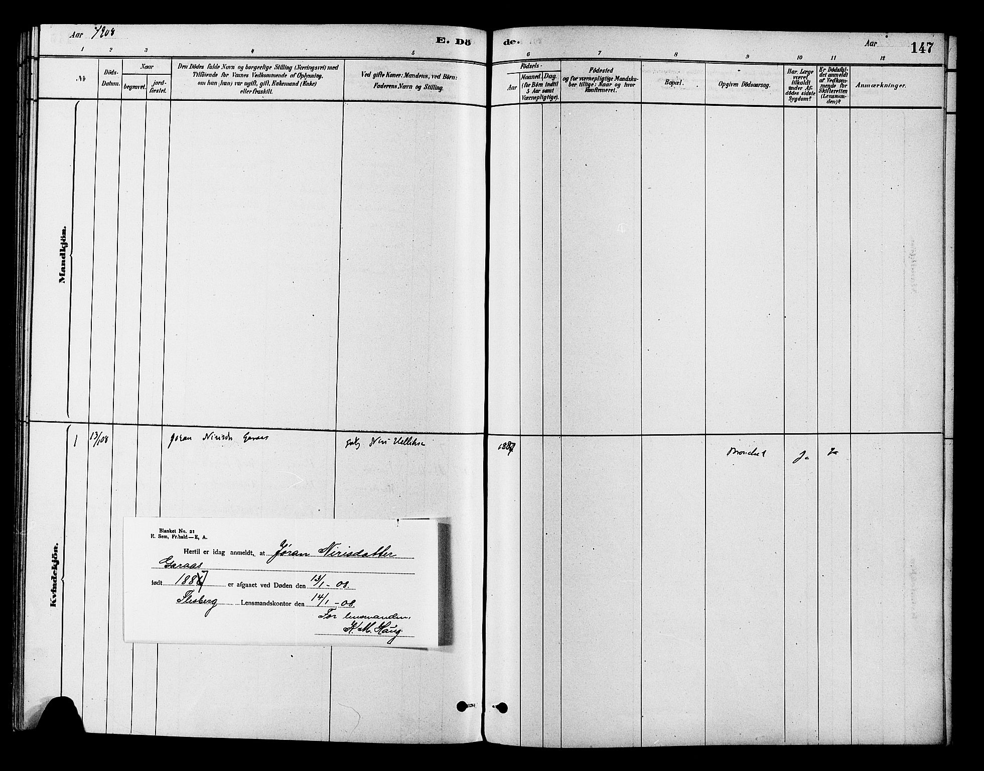 Flesberg kirkebøker, AV/SAKO-A-18/F/Fb/L0001: Parish register (official) no. II 1, 1879-1907, p. 147