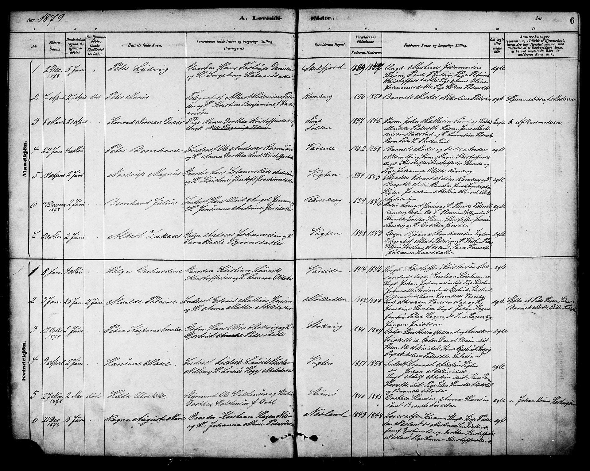 Ministerialprotokoller, klokkerbøker og fødselsregistre - Nordland, SAT/A-1459/885/L1204: Parish register (official) no. 885A05, 1878-1892, p. 6