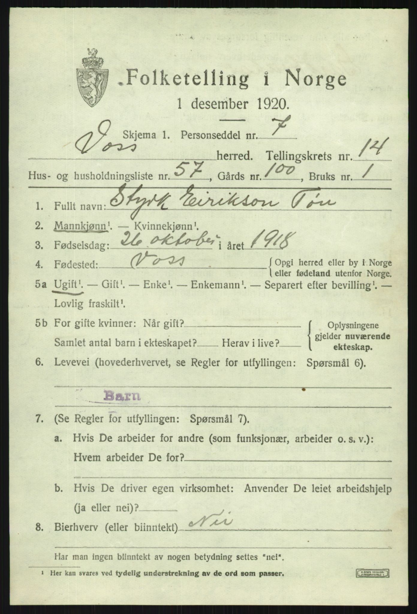 SAB, 1920 census for Voss, 1920, p. 12489