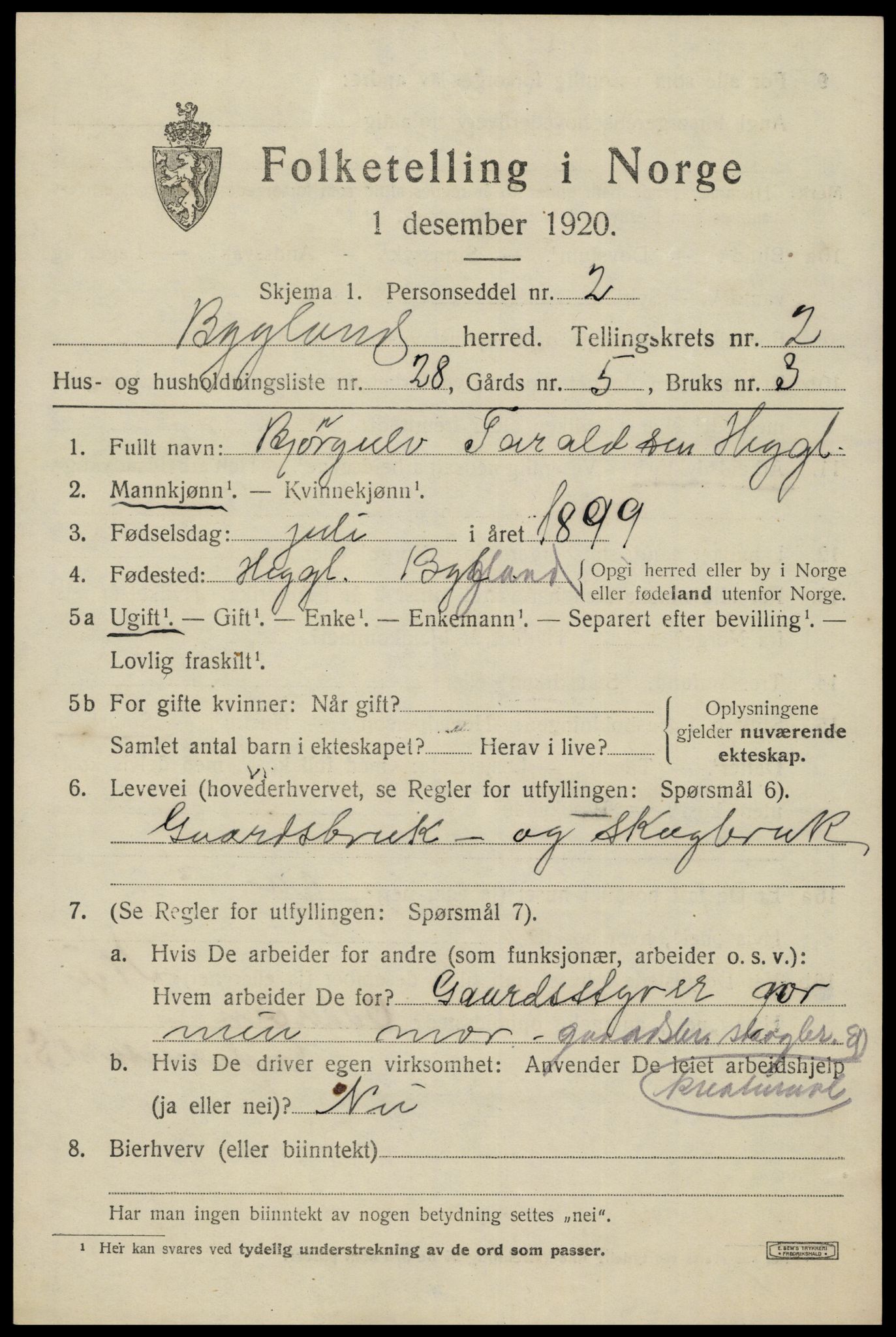 SAK, 1920 census for Bygland, 1920, p. 1455