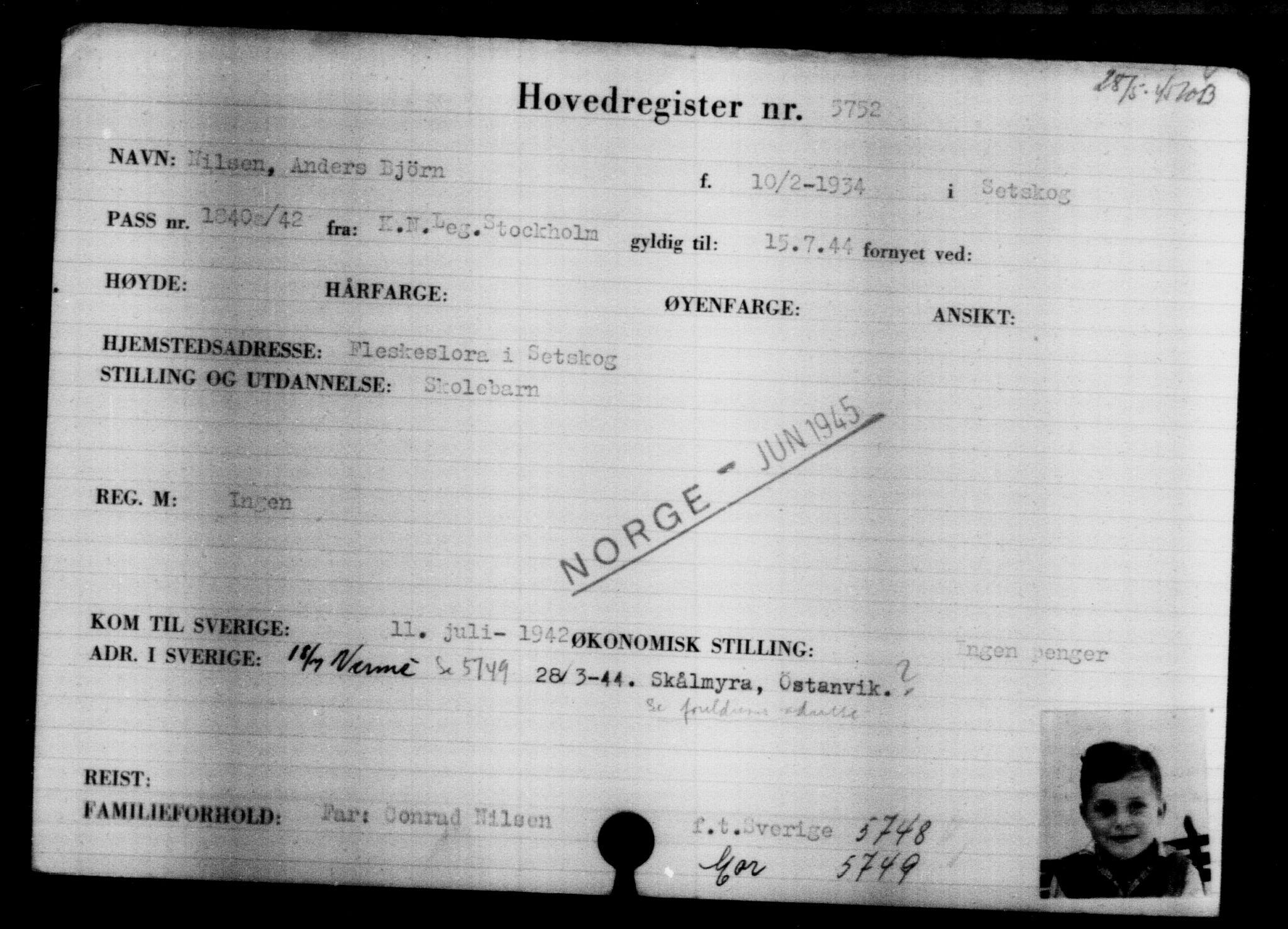 Utenriksstasjonene, Legasjonen i Stockholm, Flyktningkontoret, AV/RA-S-6753/V/Va/L0004: Kjesäterkartoteket, flyktninger med registreringsnr. 3496-6610, 1940-1945, p. 2615