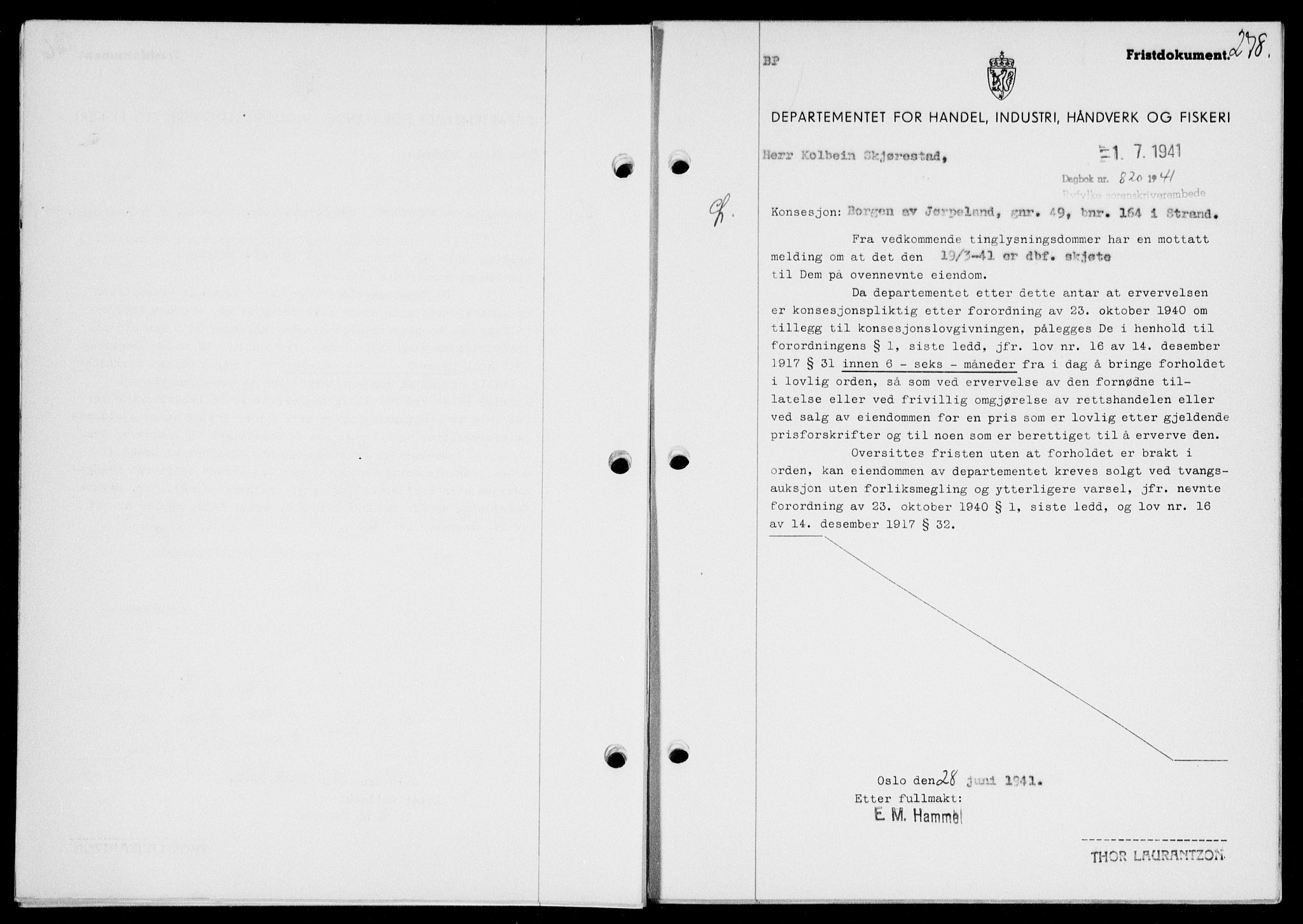 Ryfylke tingrett, SAST/A-100055/001/II/IIB/L0083: Mortgage book no. 62, 1941-1941, Diary no: : 820/1941