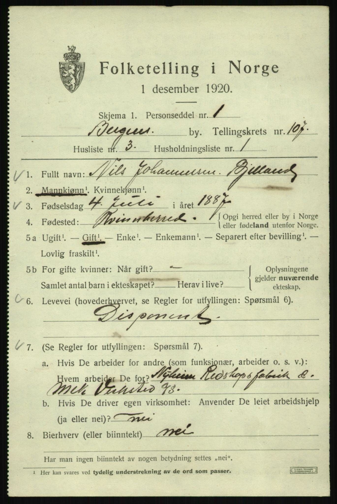 SAB, 1920 census for Bergen, 1920, p. 184870