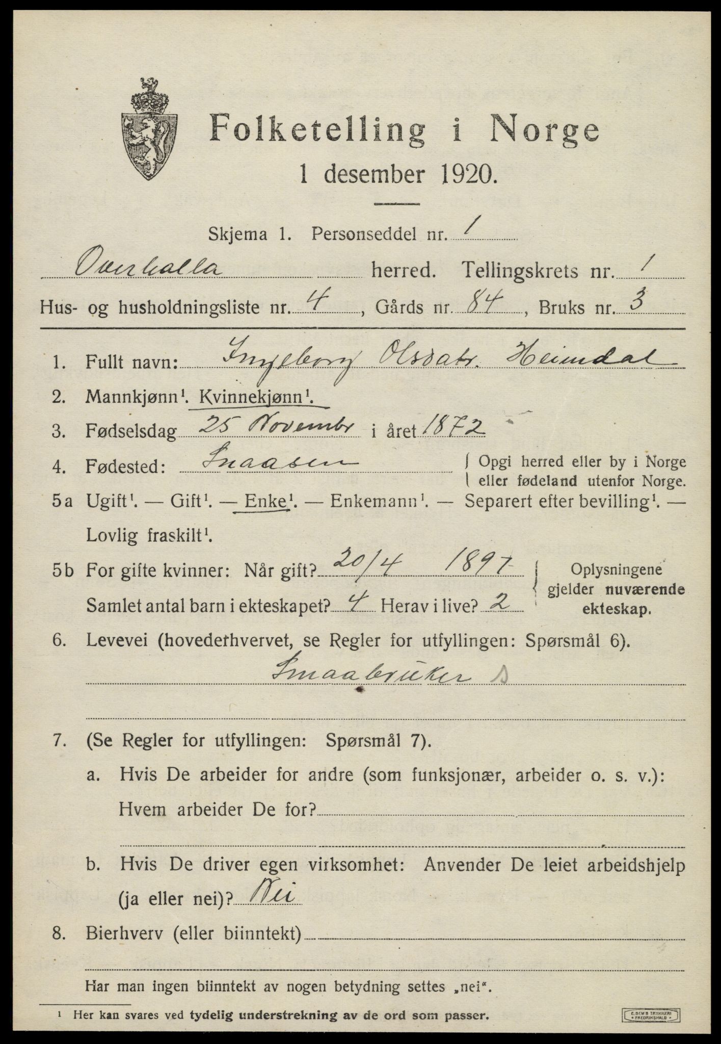 SAT, 1920 census for Overhalla, 1920, p. 994