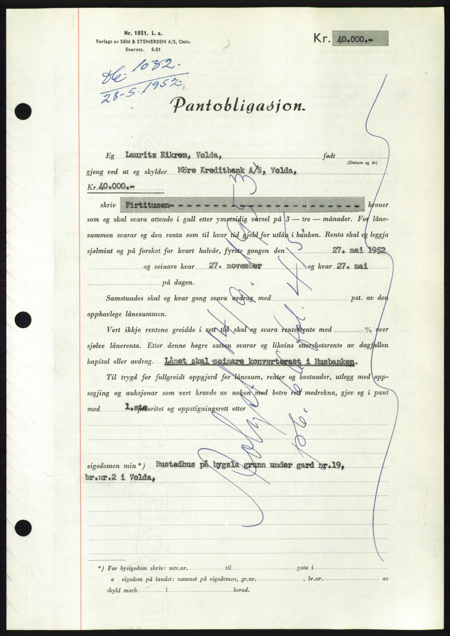 Søre Sunnmøre sorenskriveri, AV/SAT-A-4122/1/2/2C/L0121: Mortgage book no. 9B, 1951-1952, Diary no: : 1032/1952