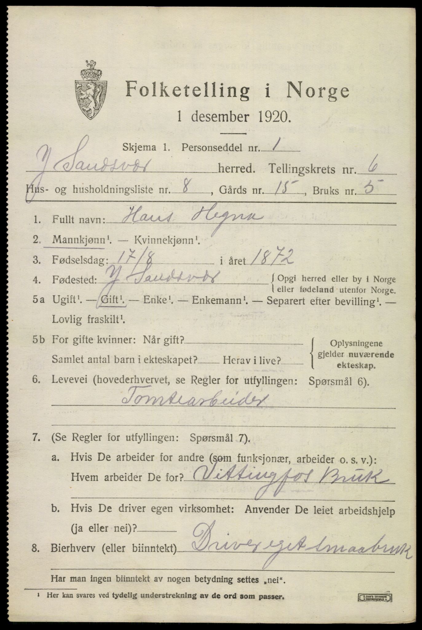 SAKO, 1920 census for Ytre Sandsvær, 1920, p. 4742