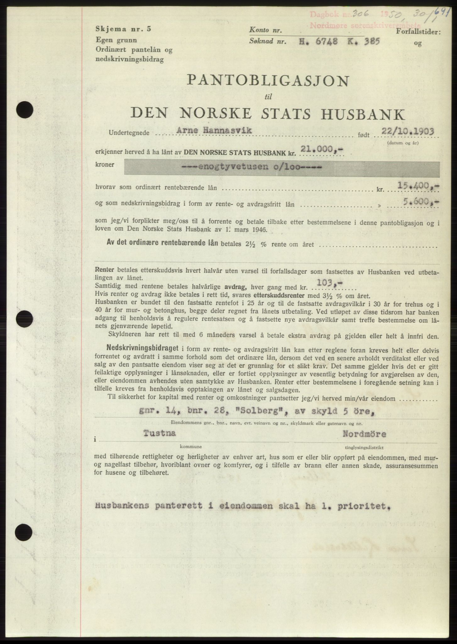 Nordmøre sorenskriveri, AV/SAT-A-4132/1/2/2Ca: Mortgage book no. B103, 1949-1950, Diary no: : 306/1950