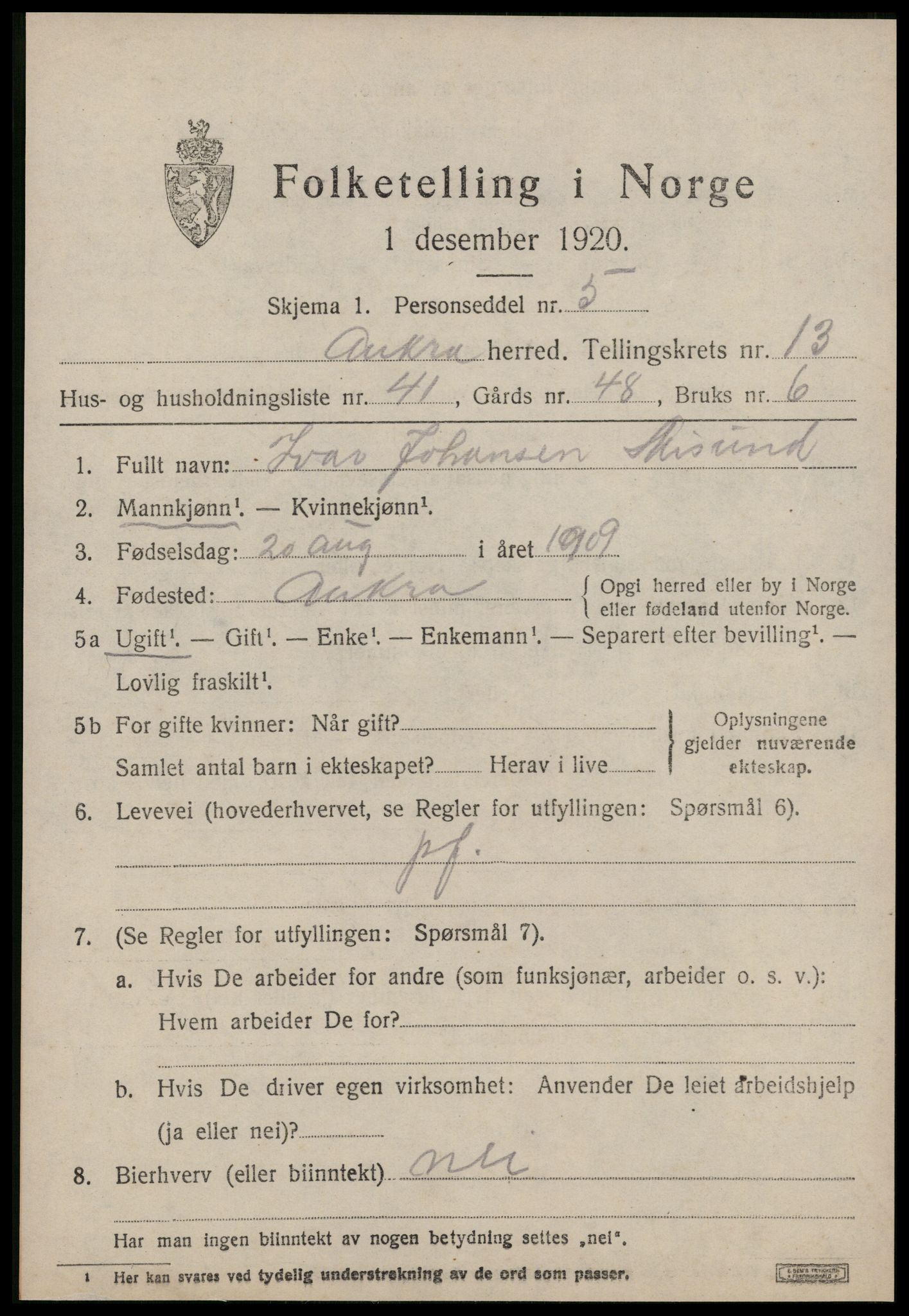 SAT, 1920 census for Aukra, 1920, p. 6157