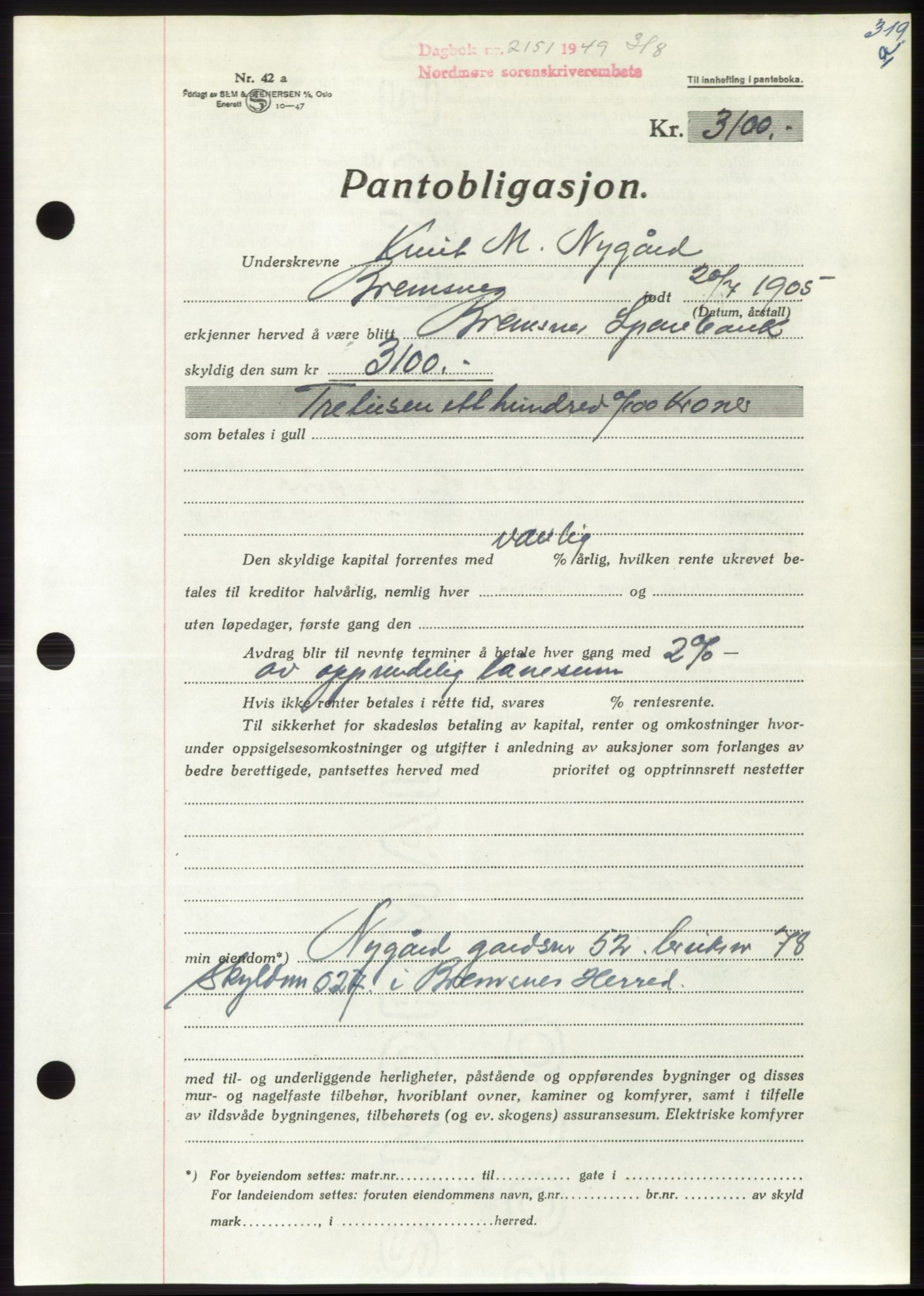 Nordmøre sorenskriveri, AV/SAT-A-4132/1/2/2Ca: Mortgage book no. B102, 1949-1949, Diary no: : 2151/1949