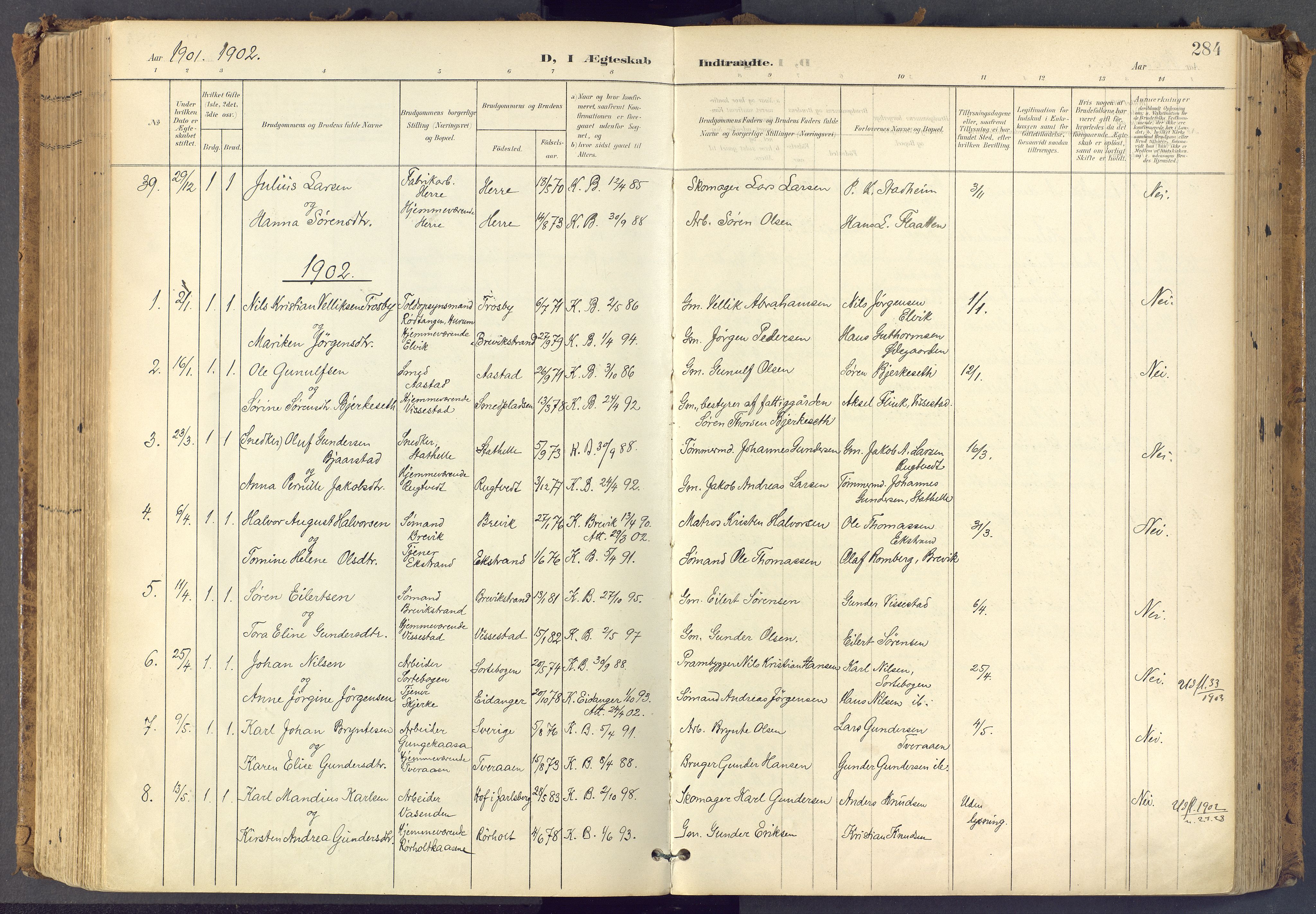 Bamble kirkebøker, SAKO/A-253/F/Fa/L0009: Parish register (official) no. I 9, 1901-1917, p. 284
