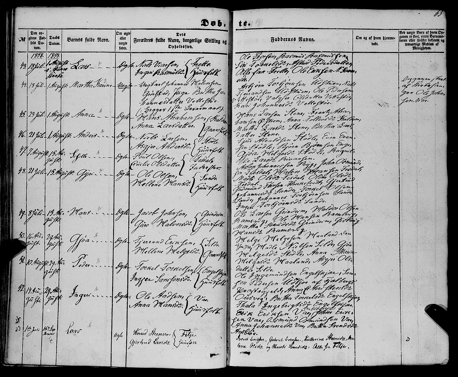 Etne sokneprestembete, AV/SAB-A-75001/H/Haa: Parish register (official) no. A 8, 1848-1862, p. 63