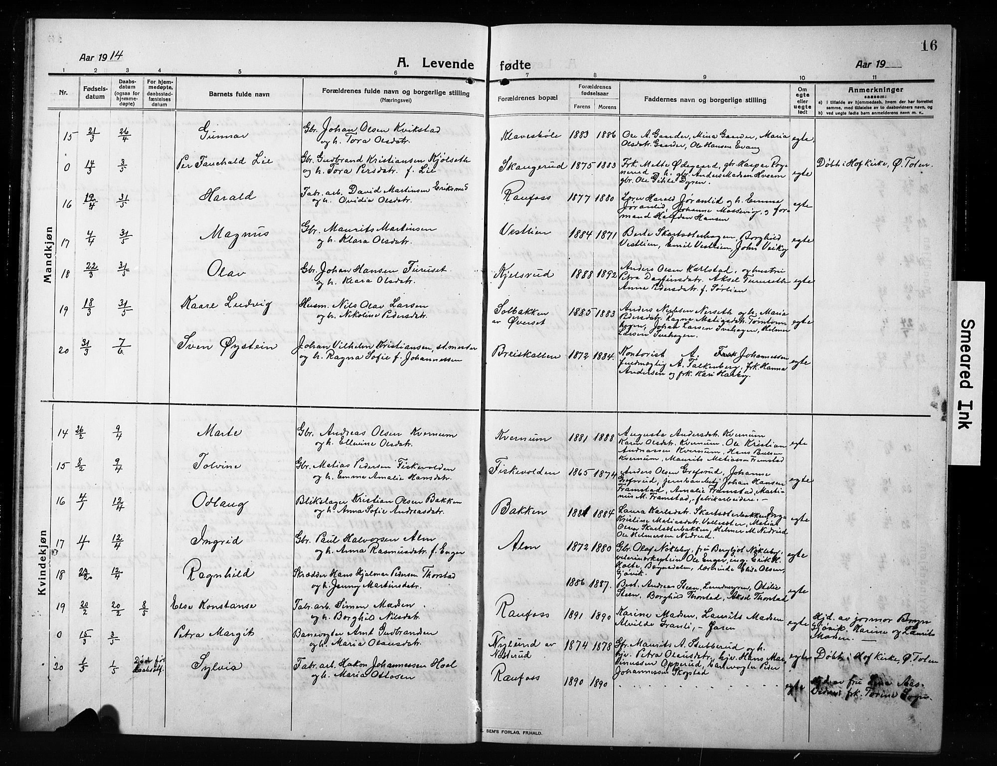 Vestre Toten prestekontor, SAH/PREST-108/H/Ha/Hab/L0012: Parish register (copy) no. 12, 1909-1928, p. 16