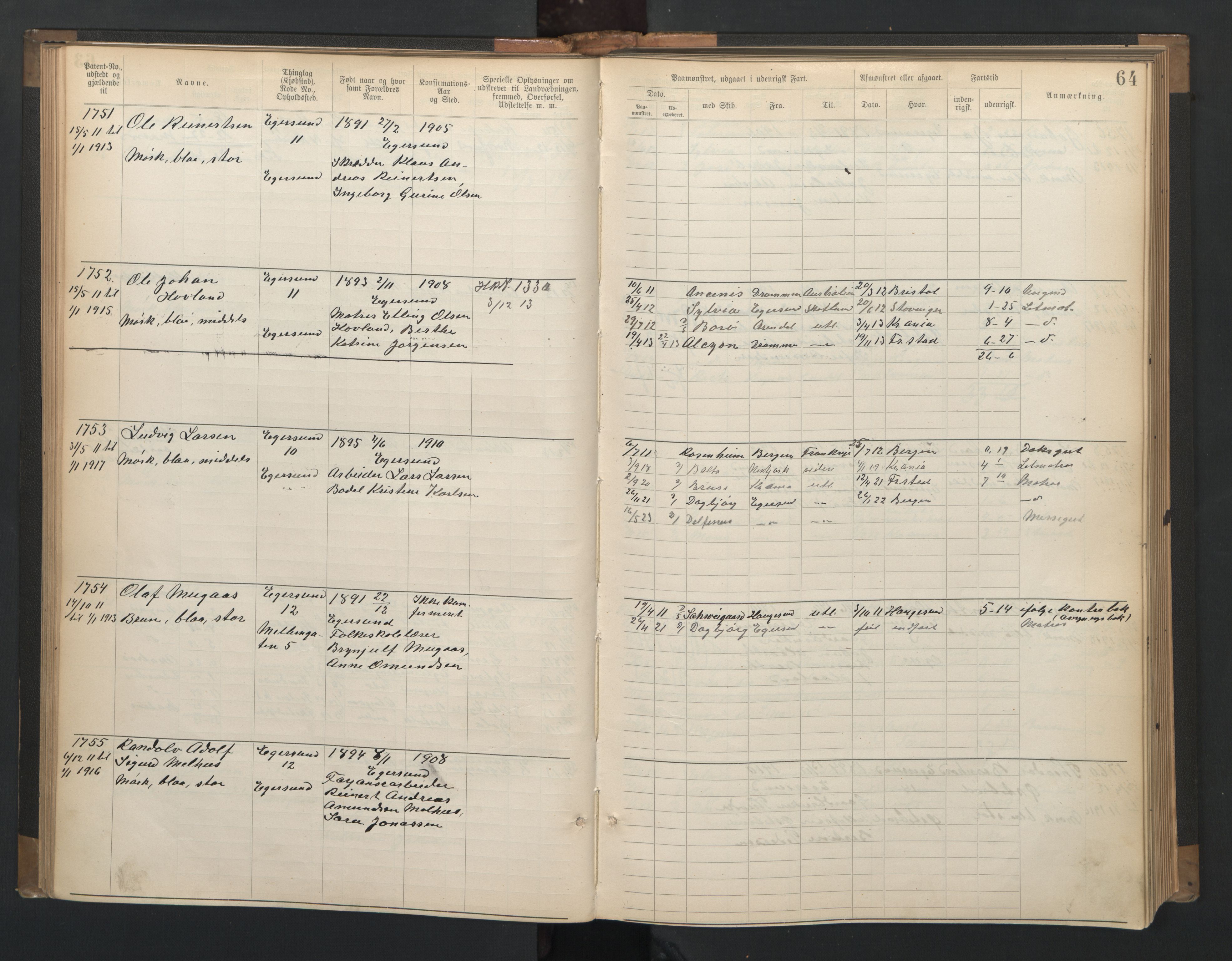 Egersund mønstringskrets, AV/SAK-2031-0019/F/Fa/L0002: Annotasjonsrulle nr 1441-2064 med register, O-2, 1895-1931, p. 91