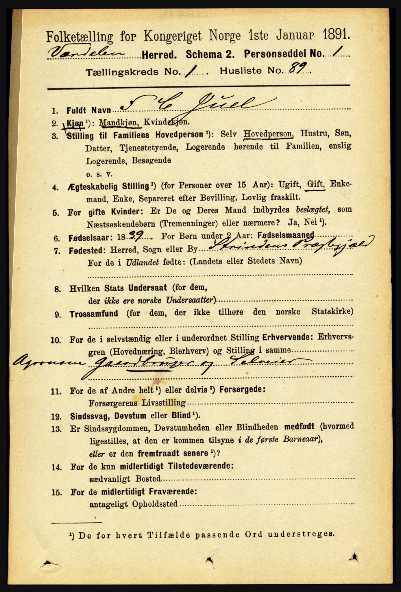 RA, 1891 census for 1721 Verdal, 1891, p. 607