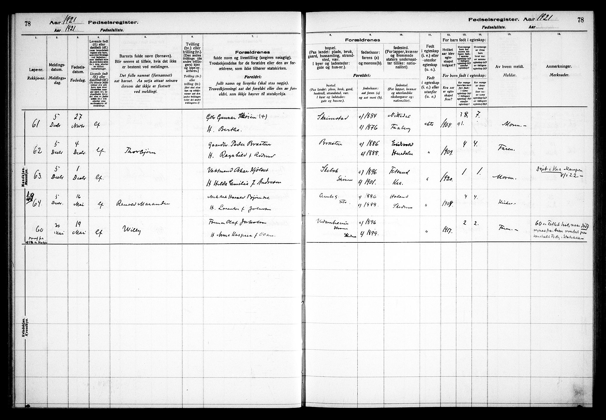 Skedsmo prestekontor Kirkebøker, AV/SAO-A-10033a/J/Ja/L0001: Birth register no. I 1, 1916-1931, p. 78