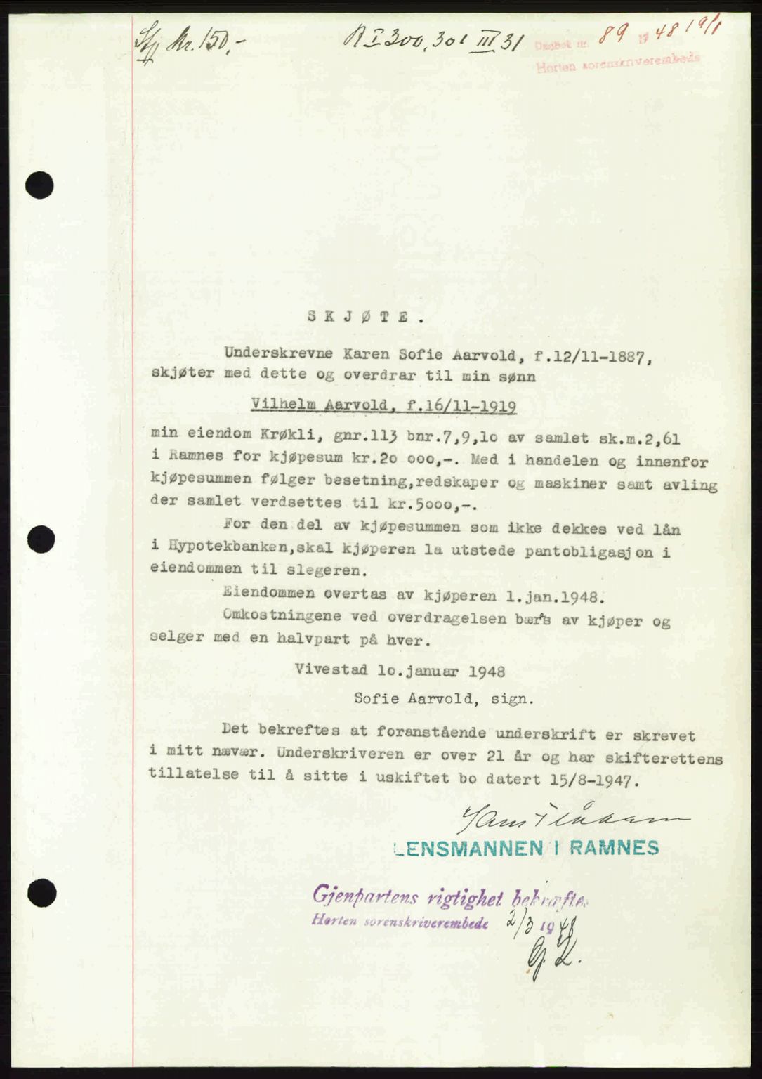 Horten sorenskriveri, AV/SAKO-A-133/G/Ga/Gaa/L0010: Mortgage book no. A-10, 1947-1948, Diary no: : 89/1948