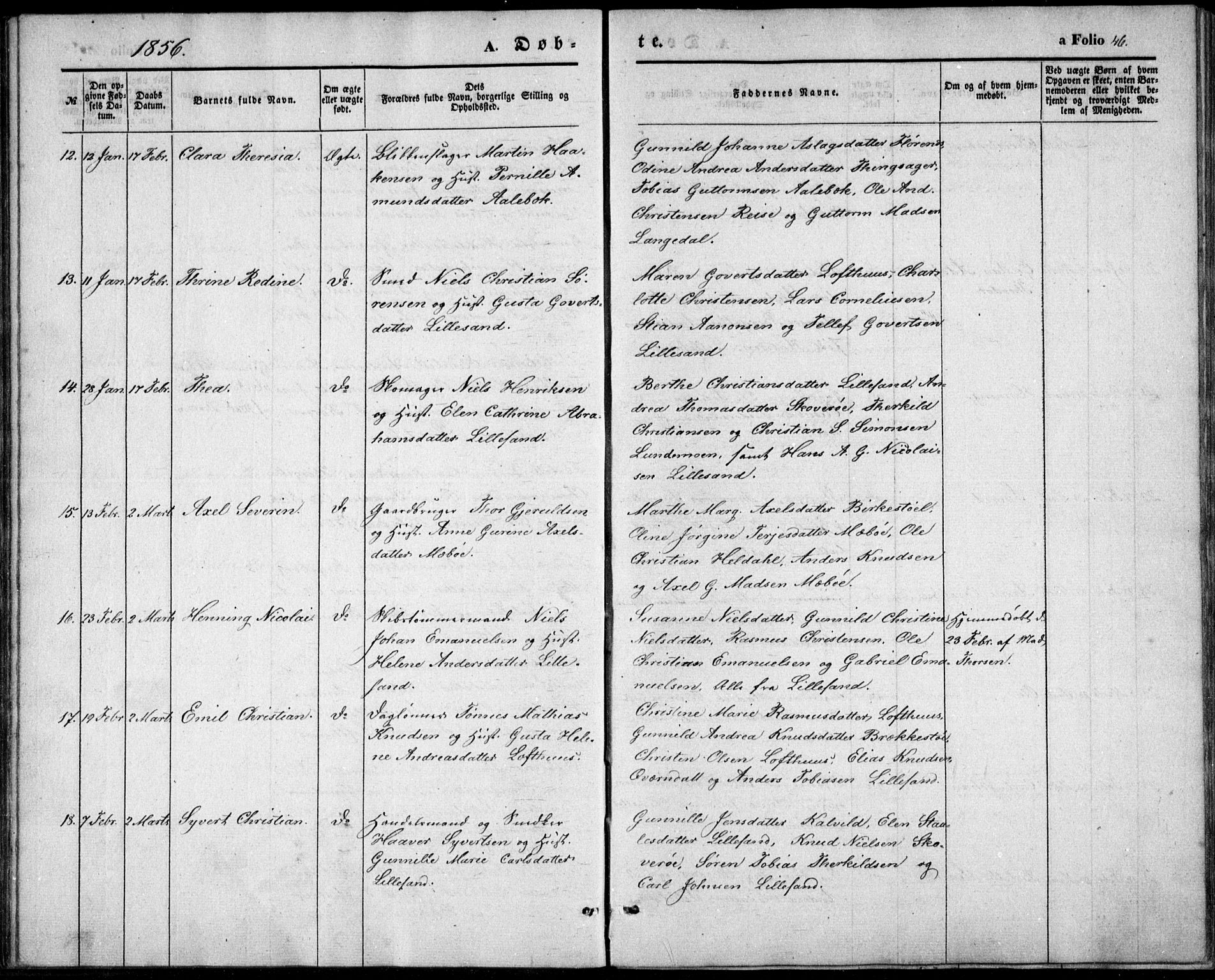 Vestre Moland sokneprestkontor, SAK/1111-0046/F/Fb/Fbb/L0003: Parish register (copy) no. B 3, 1851-1861, p. 46