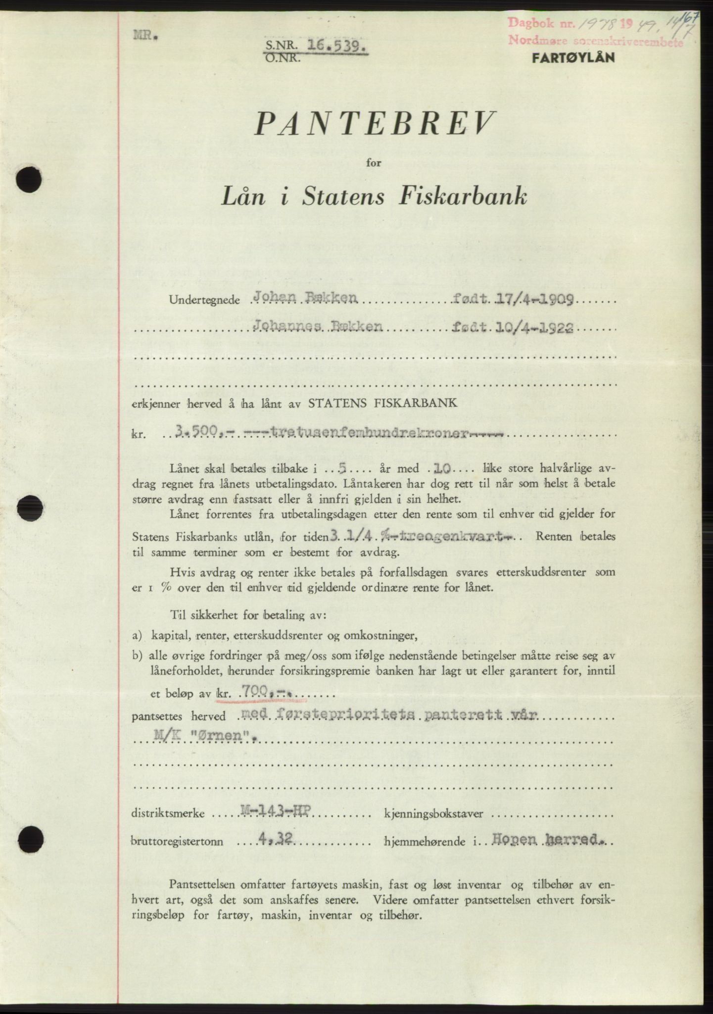 Nordmøre sorenskriveri, AV/SAT-A-4132/1/2/2Ca: Mortgage book no. B102, 1949-1949, Diary no: : 1978/1949