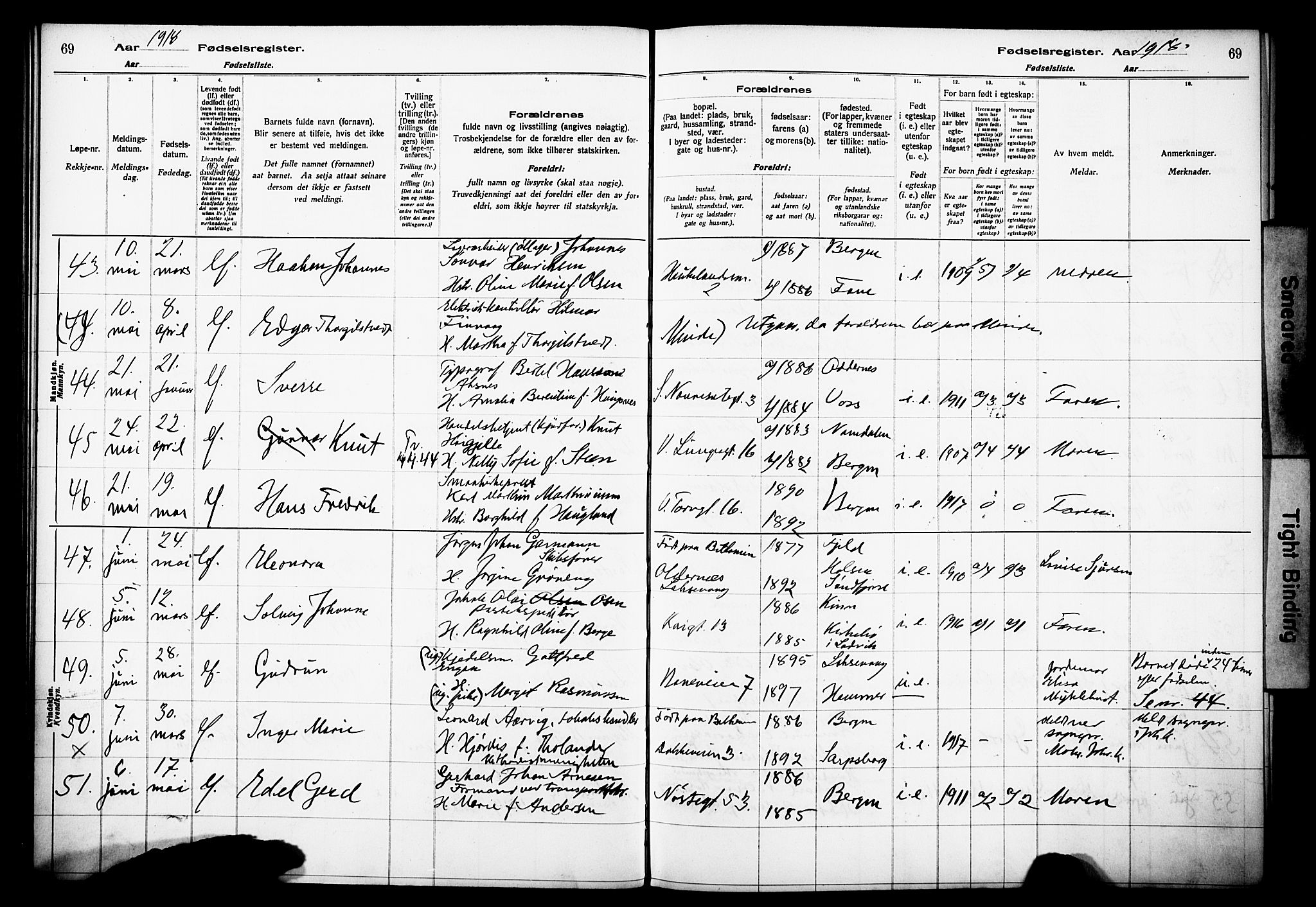 Domkirken sokneprestembete, AV/SAB-A-74801/I/Id/L00A1: Birth register no. A 1, 1916-1923, p. 69