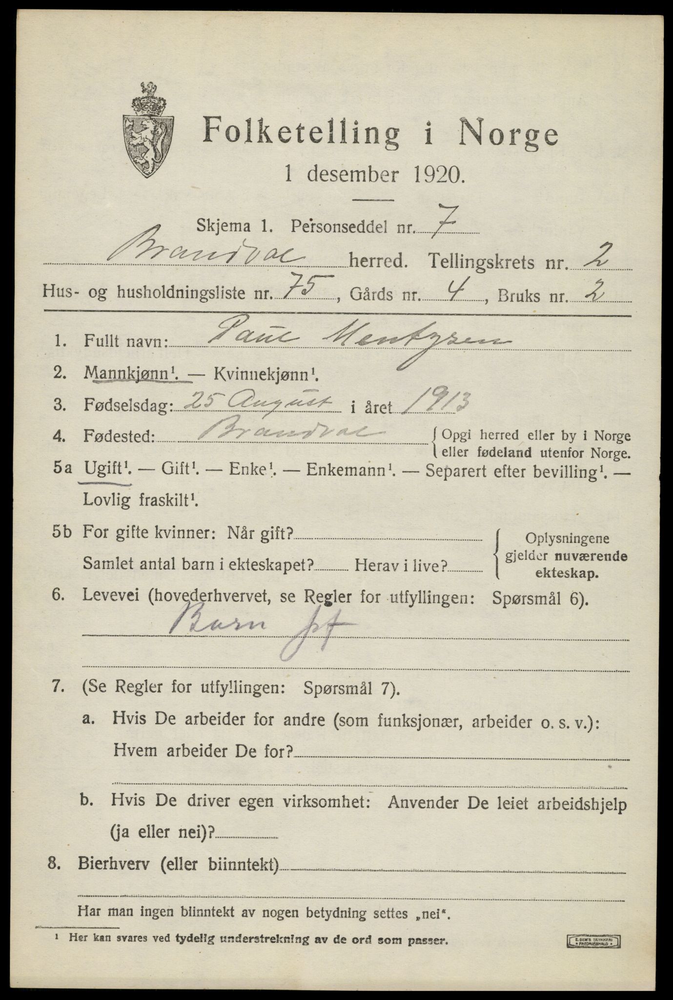 SAH, 1920 census for Brandval, 1920, p. 2992