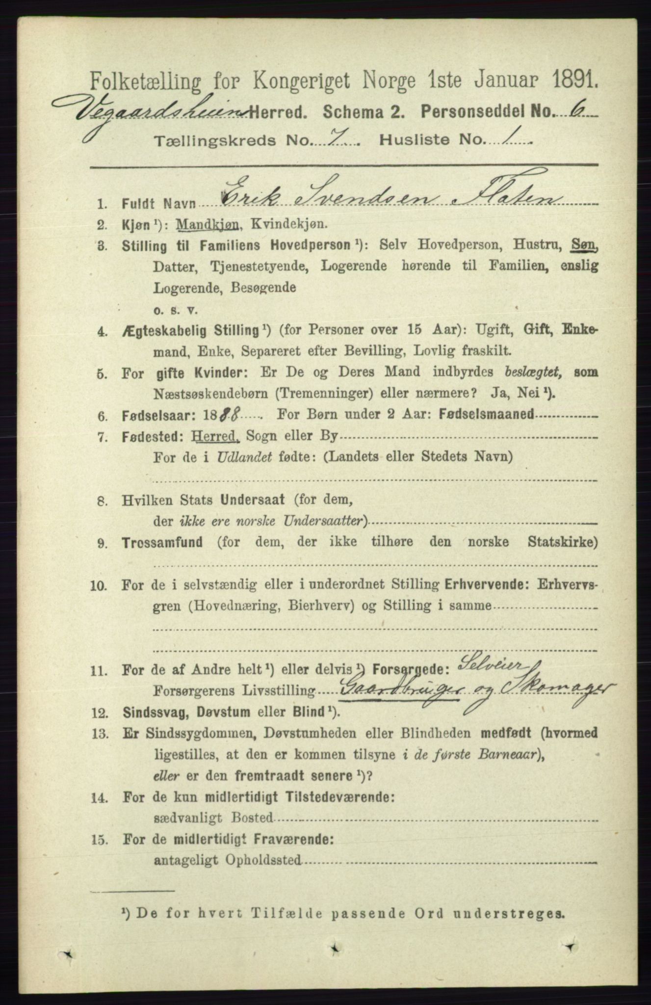 RA, 1891 census for 0912 Vegårshei, 1891, p. 1339