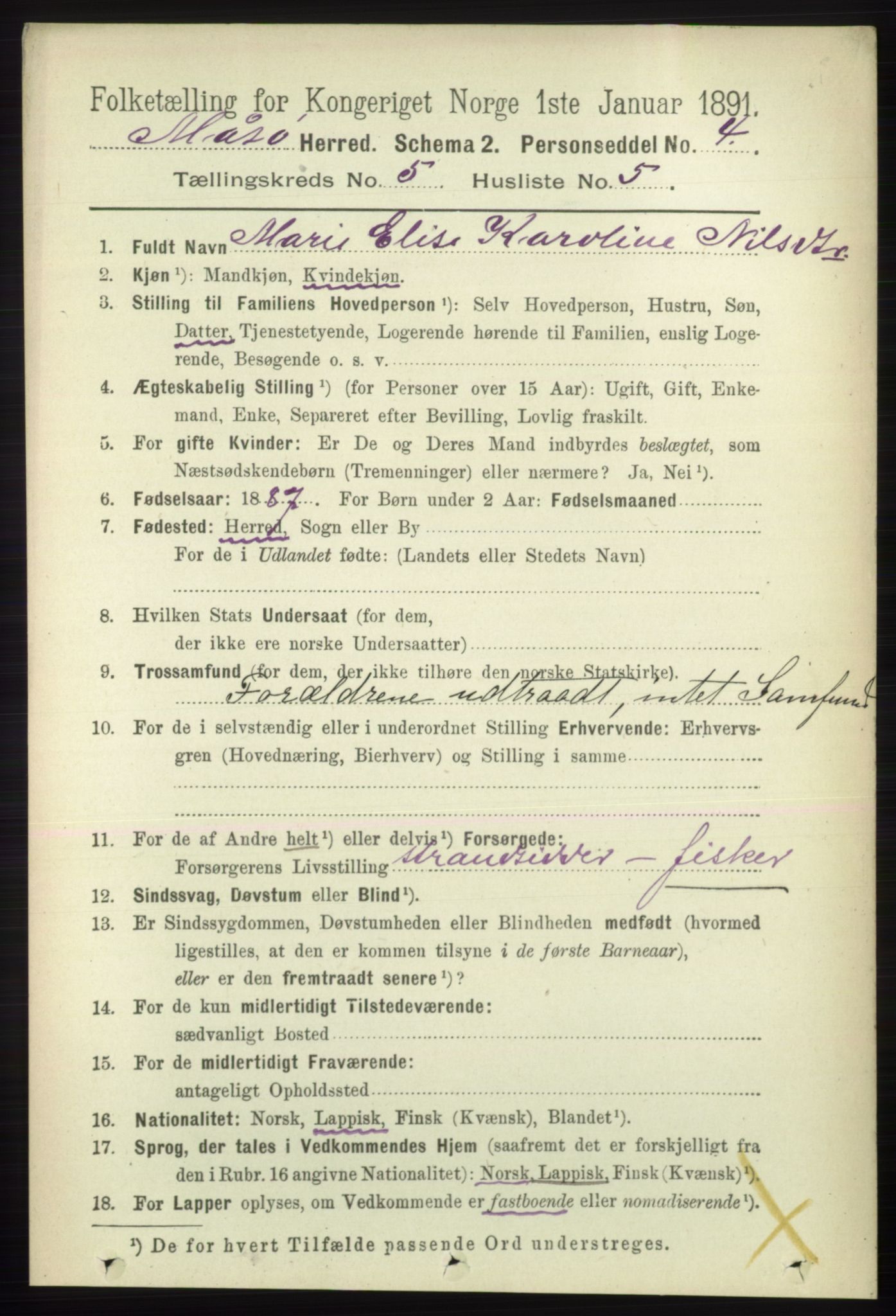 RA, 1891 census for 2018 Måsøy, 1891, p. 739