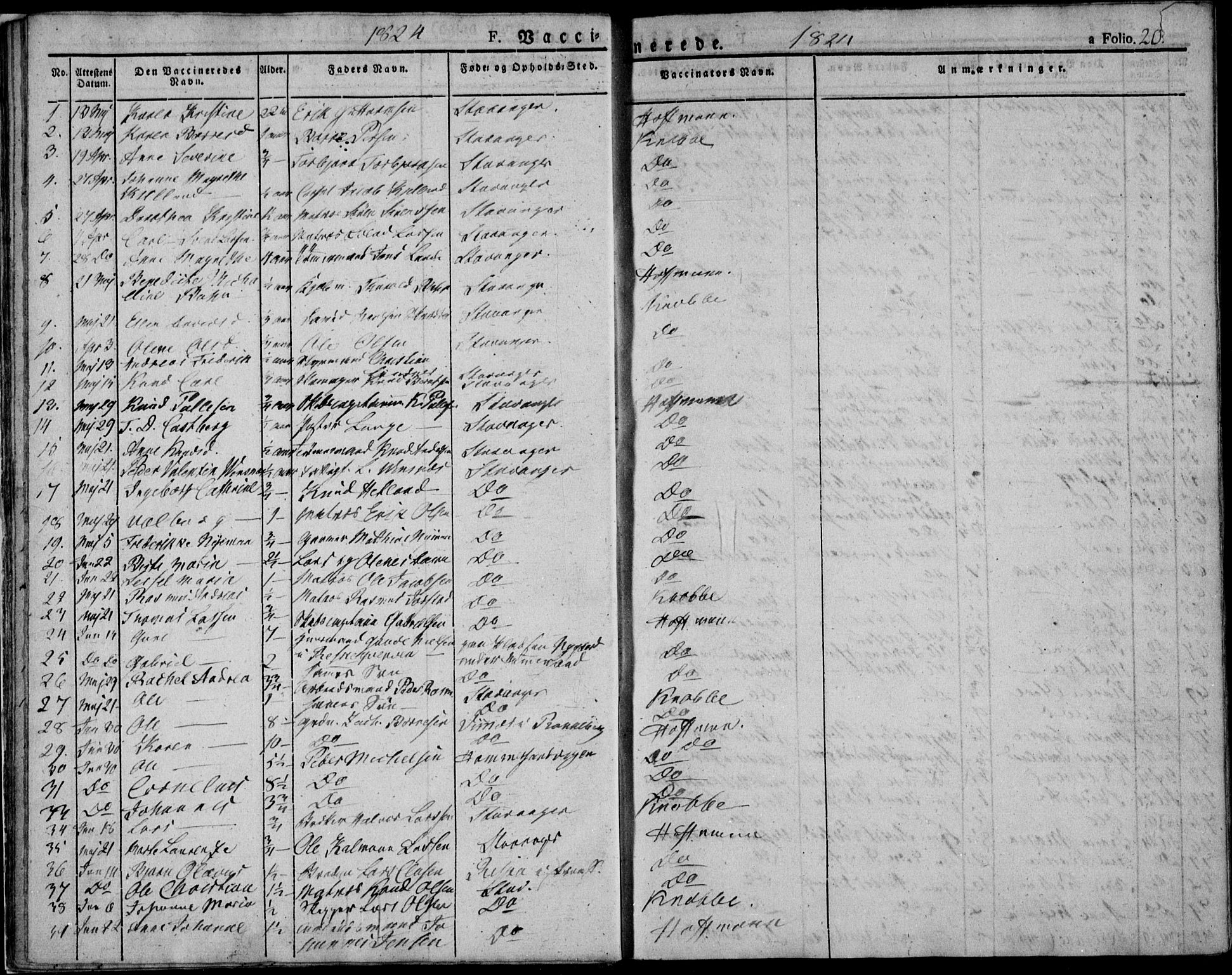 Domkirken sokneprestkontor, SAST/A-101812/001/30/30BA/L0010: Parish register (official) no. A 10, 1821-1859, p. 20