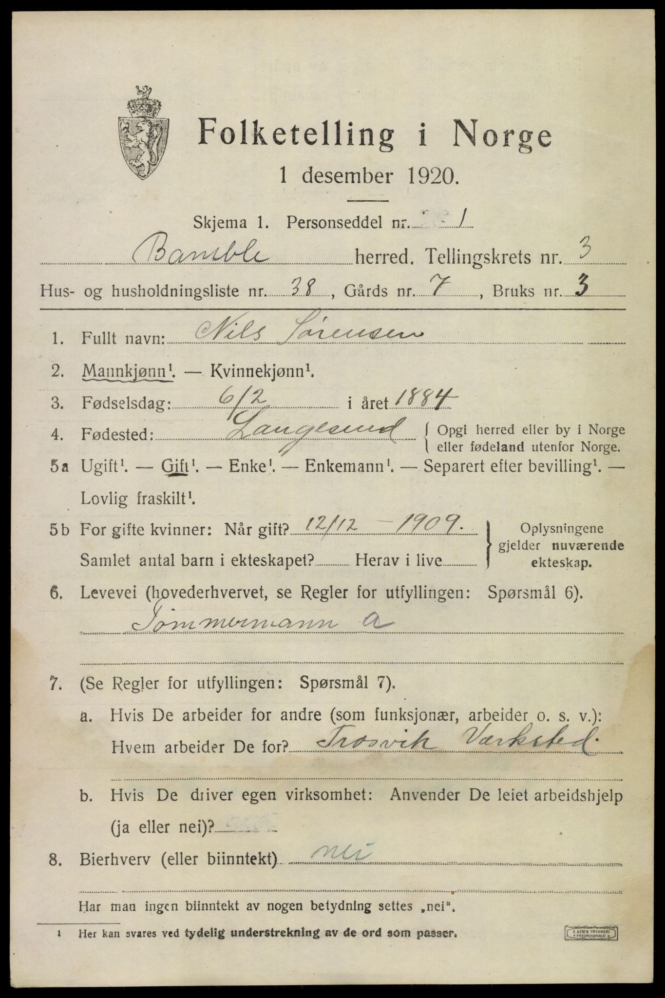 SAKO, 1920 census for Bamble, 1920, p. 4205