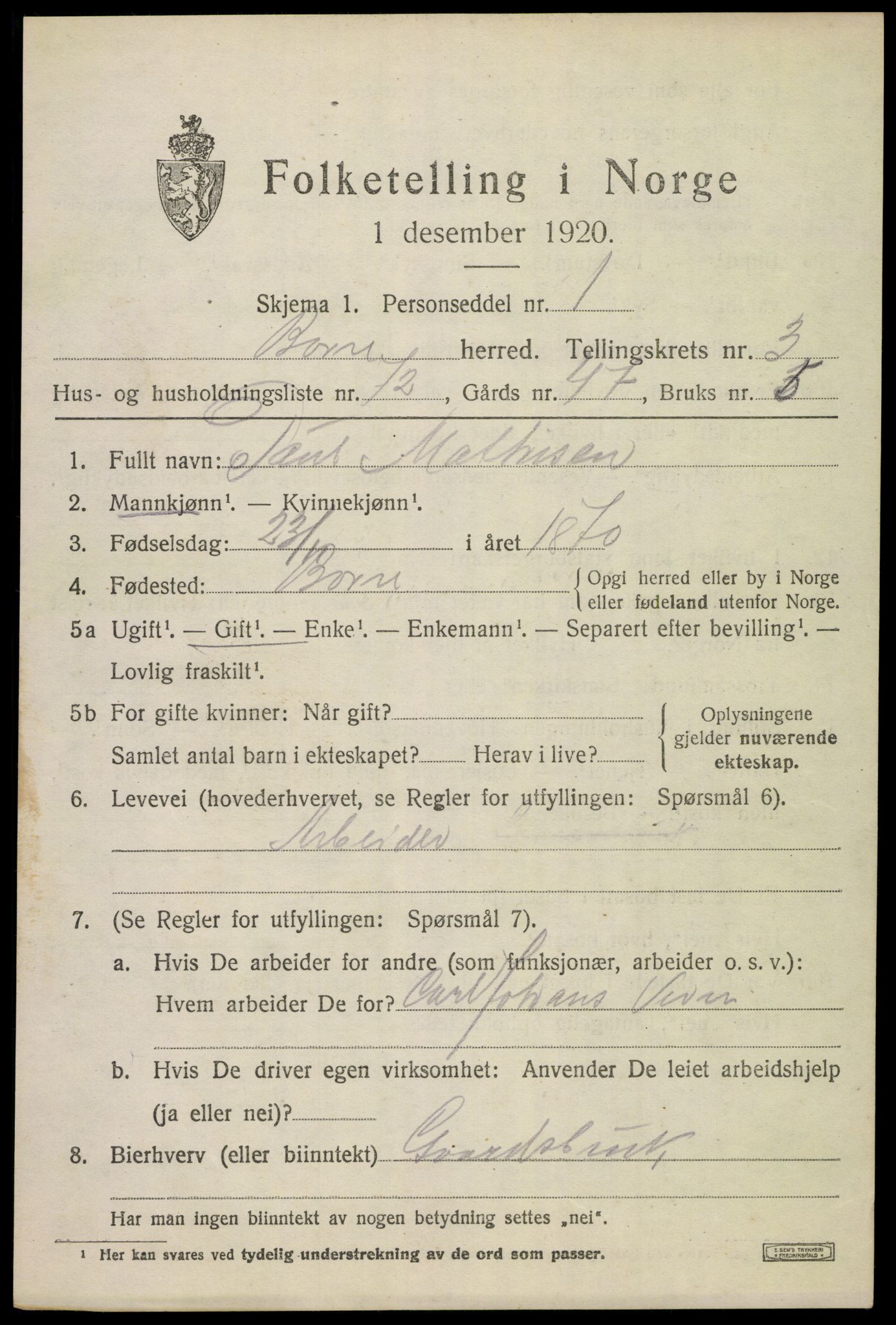 SAKO, 1920 census for Borre, 1920, p. 6942