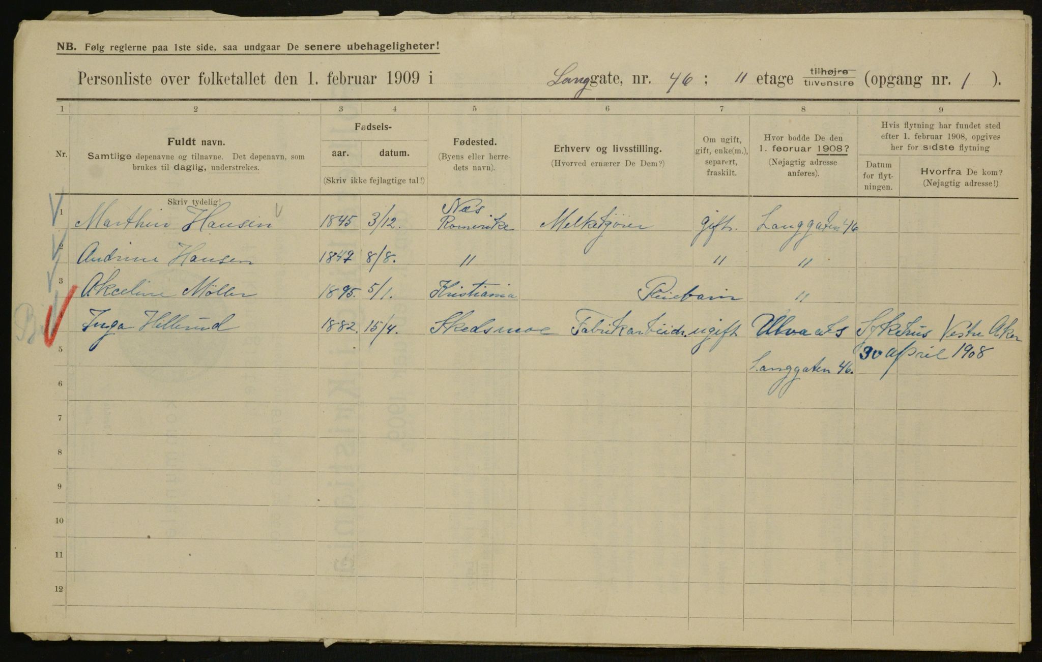 OBA, Municipal Census 1909 for Kristiania, 1909, p. 51946