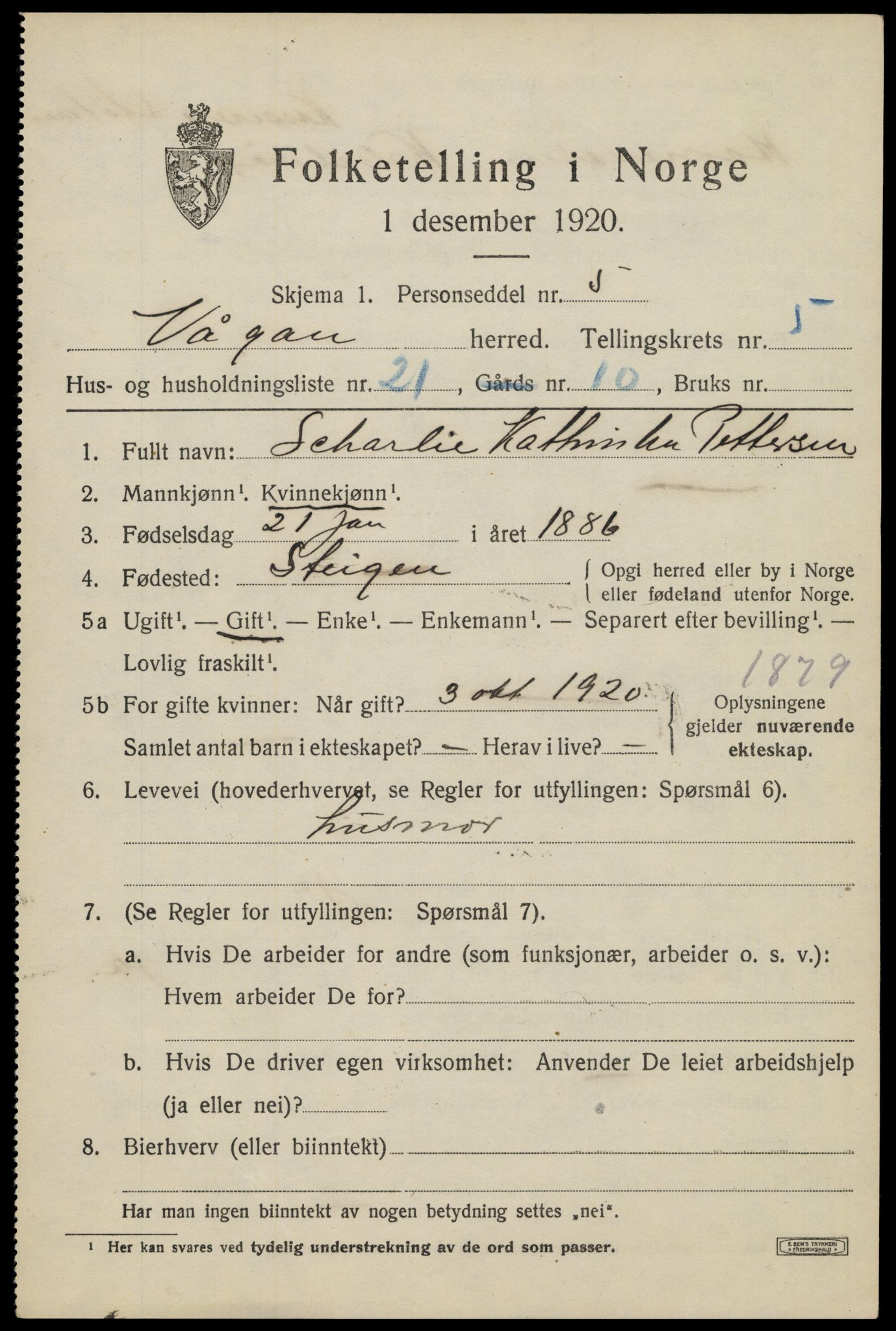 SAT, 1920 census for Vågan, 1920, p. 5413