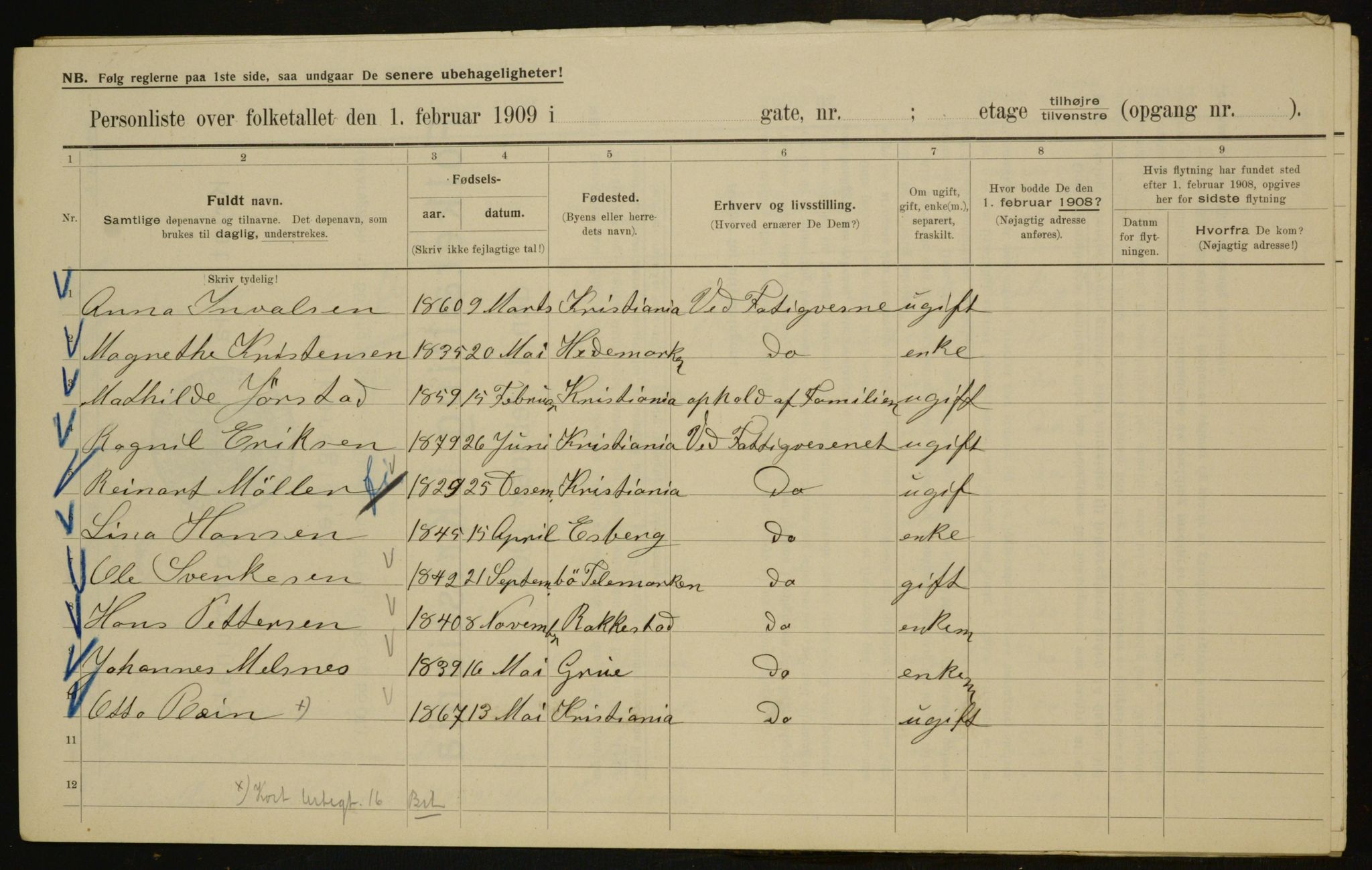 OBA, Municipal Census 1909 for Kristiania, 1909, p. 110616