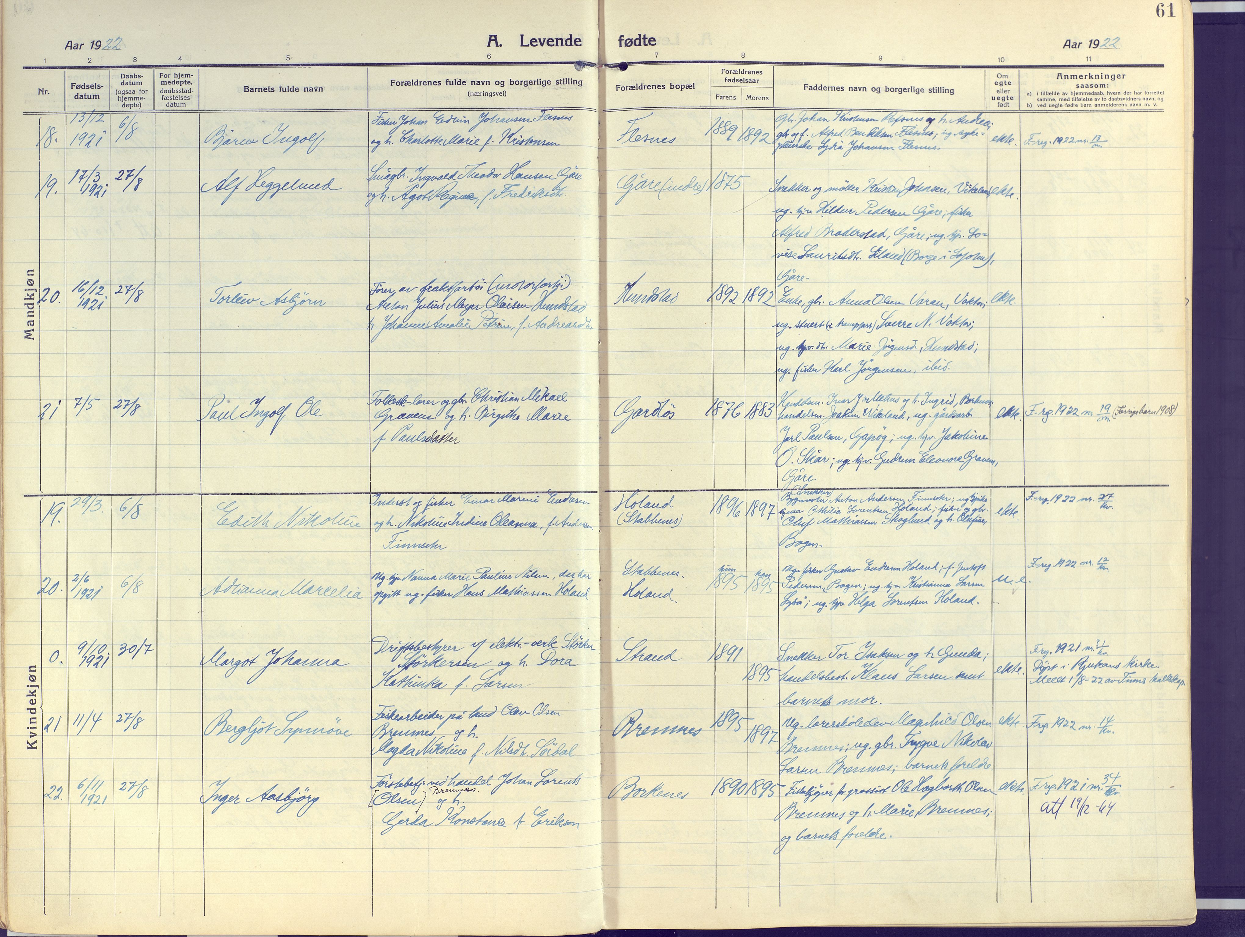 Kvæfjord sokneprestkontor, AV/SATØ-S-1323/G/Ga/Gaa/L0007kirke: Parish register (official) no. 7, 1915-1931, p. 61