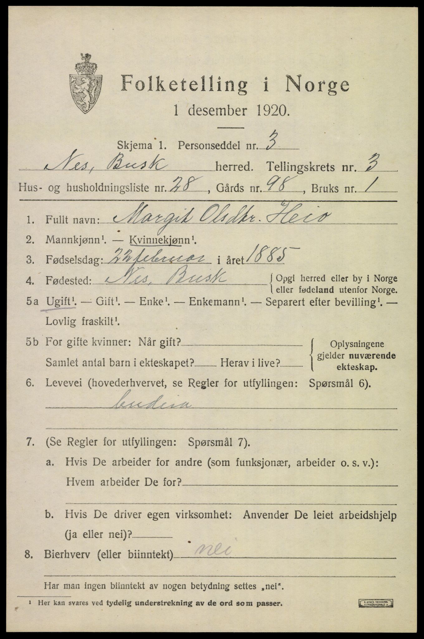 SAKO, 1920 census for Nes (Buskerud), 1920, p. 1892