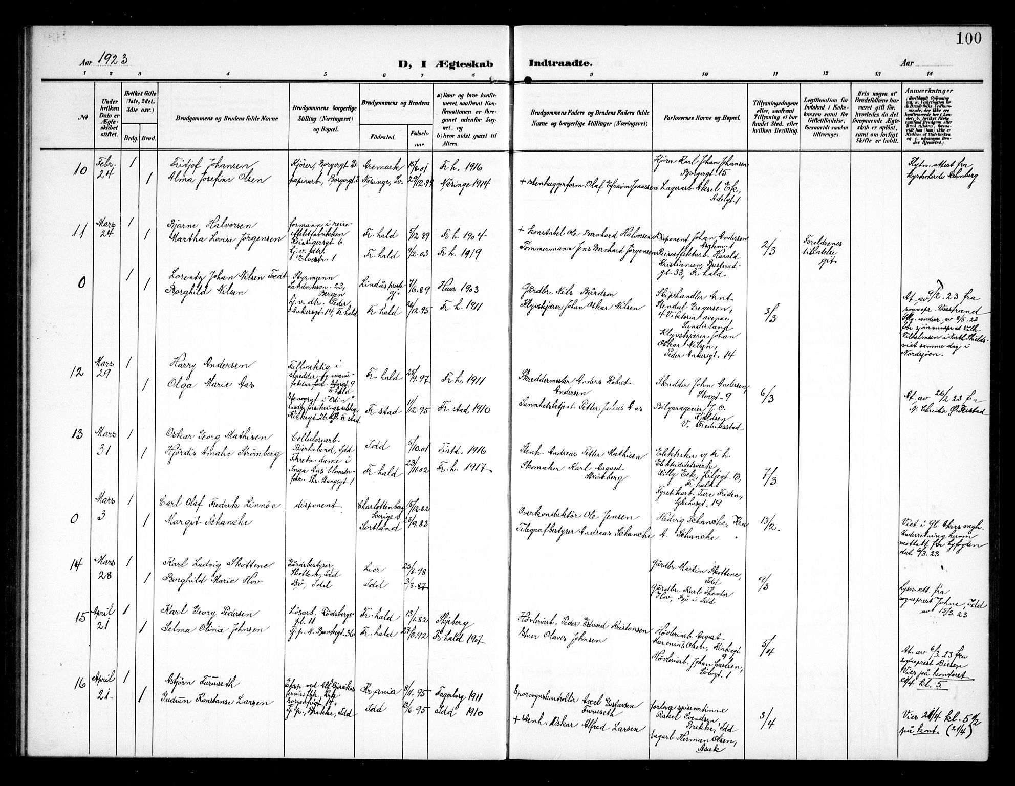 Halden prestekontor Kirkebøker, AV/SAO-A-10909/G/Ga/L0011: Parish register (copy) no. 11, 1906-1934, p. 100