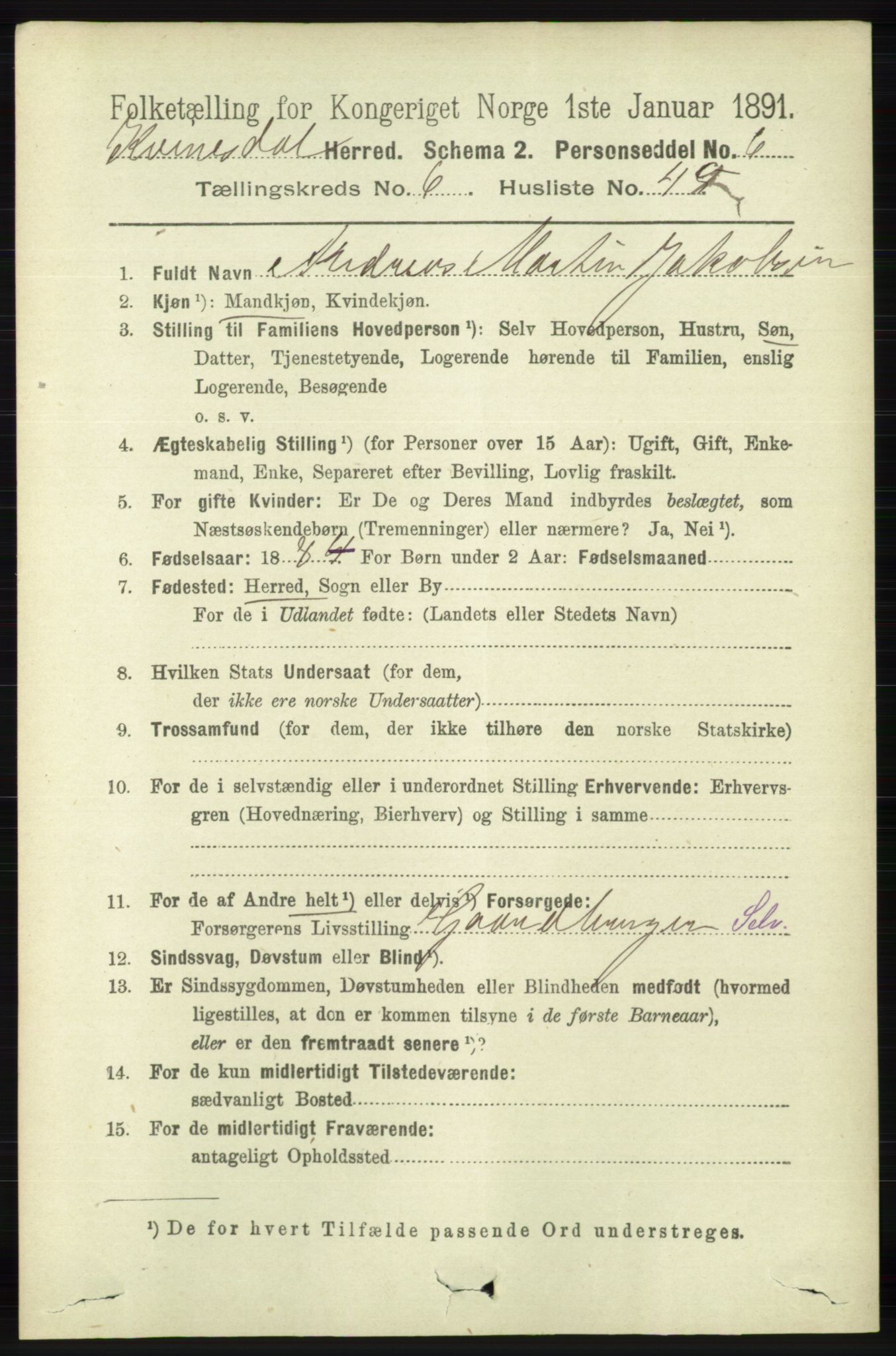 RA, 1891 census for 1037 Kvinesdal, 1891, p. 2370