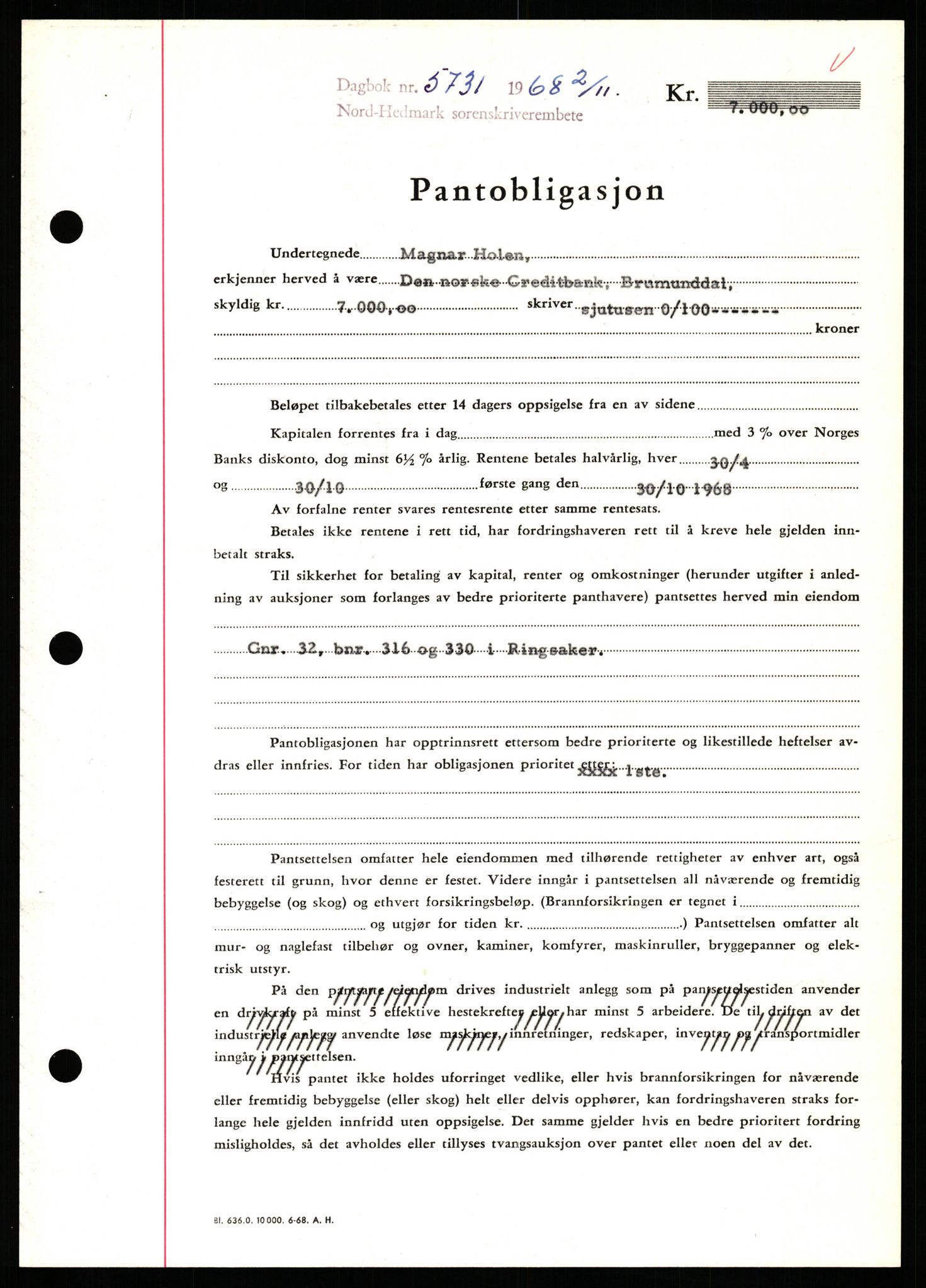 Nord-Hedmark sorenskriveri, SAH/TING-012/H/Hb/Hbf/L0077: Mortgage book no. B77, 1968-1969, Diary no: : 5731/1968