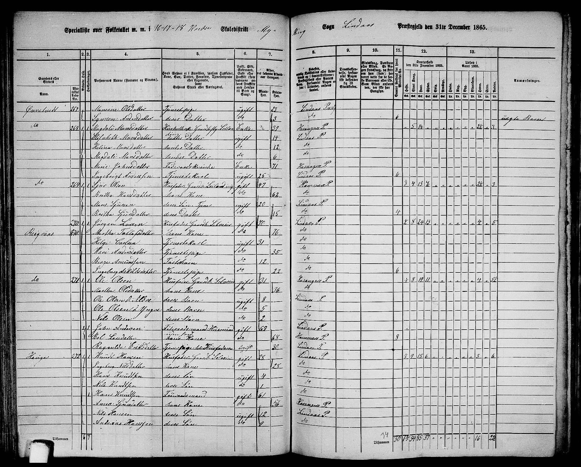 RA, 1865 census for Lindås, 1865, p. 124