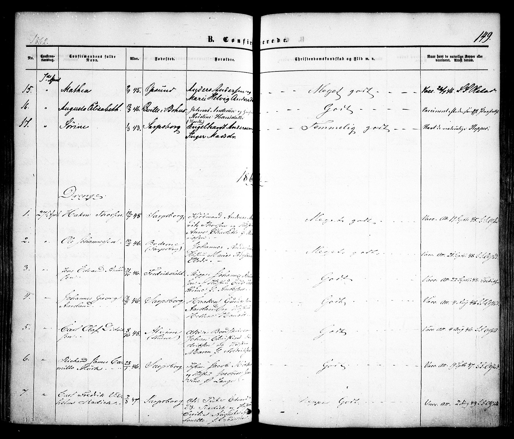 Sarpsborg prestekontor Kirkebøker, SAO/A-2006/F/Fa/L0001: Parish register (official) no. 1, 1859-1868, p. 149