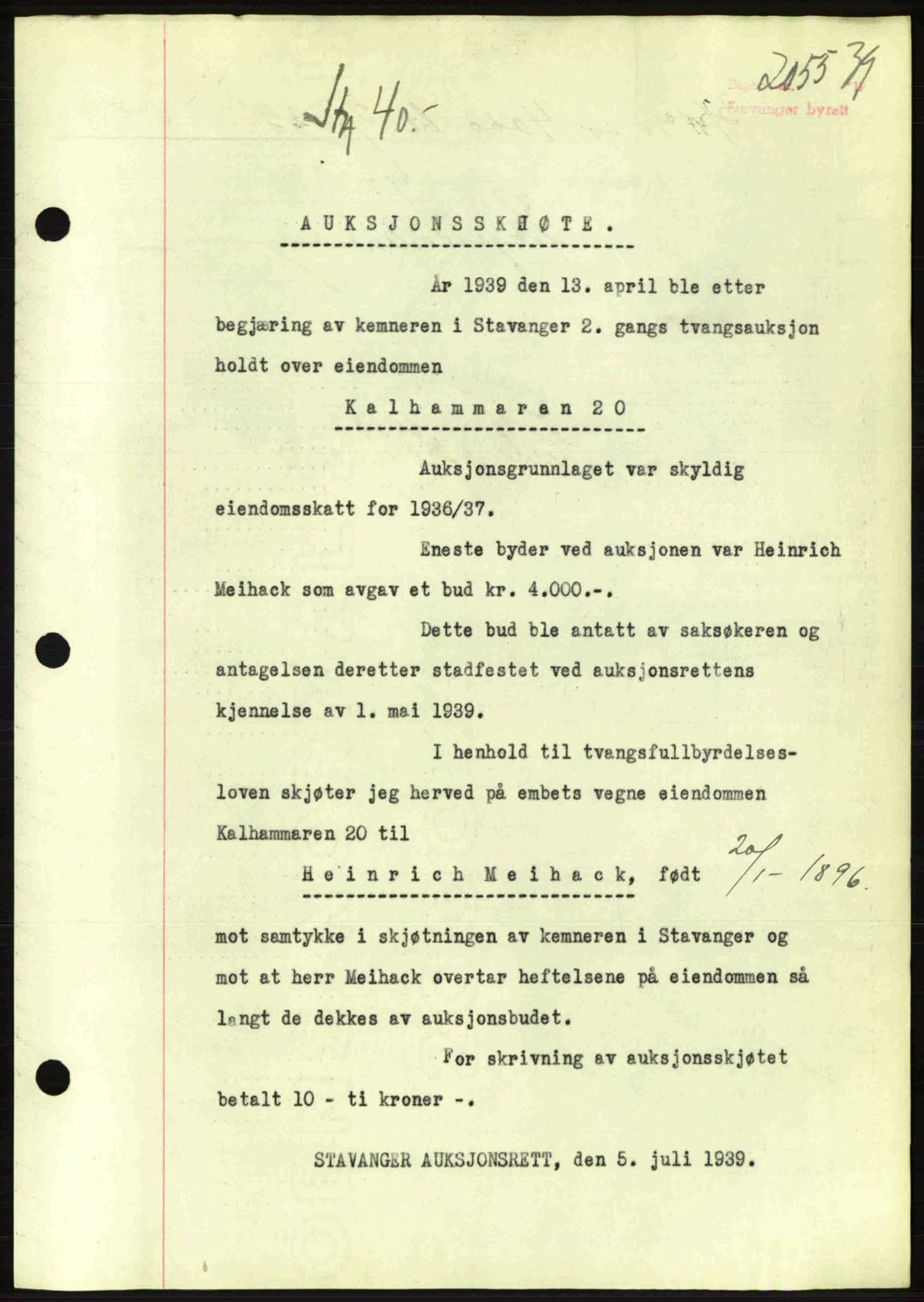 Stavanger byrett, SAST/A-100455/002/G/Gb/L0014: Mortgage book no. A4, 1938-1939, Diary no: : 2055/1939