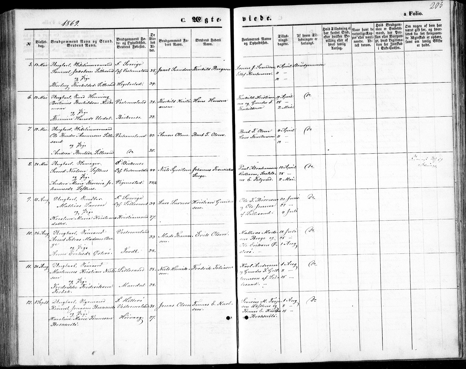 Vestre Moland sokneprestkontor, AV/SAK-1111-0046/F/Fb/Fbb/L0004: Parish register (copy) no. B 4, 1861-1872, p. 205