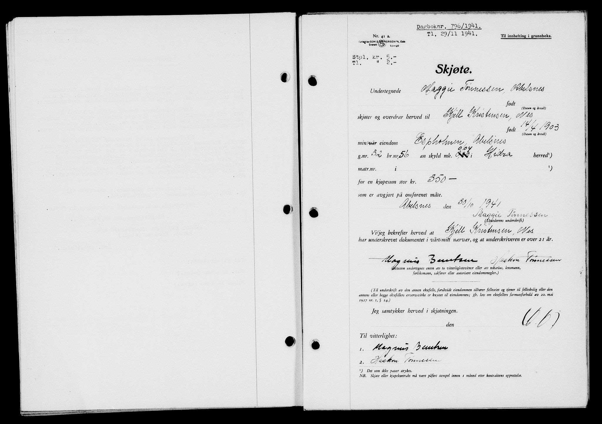 Flekkefjord sorenskriveri, SAK/1221-0001/G/Gb/Gba/L0057: Mortgage book no. A-5, 1941-1942, Diary no: : 796/1941