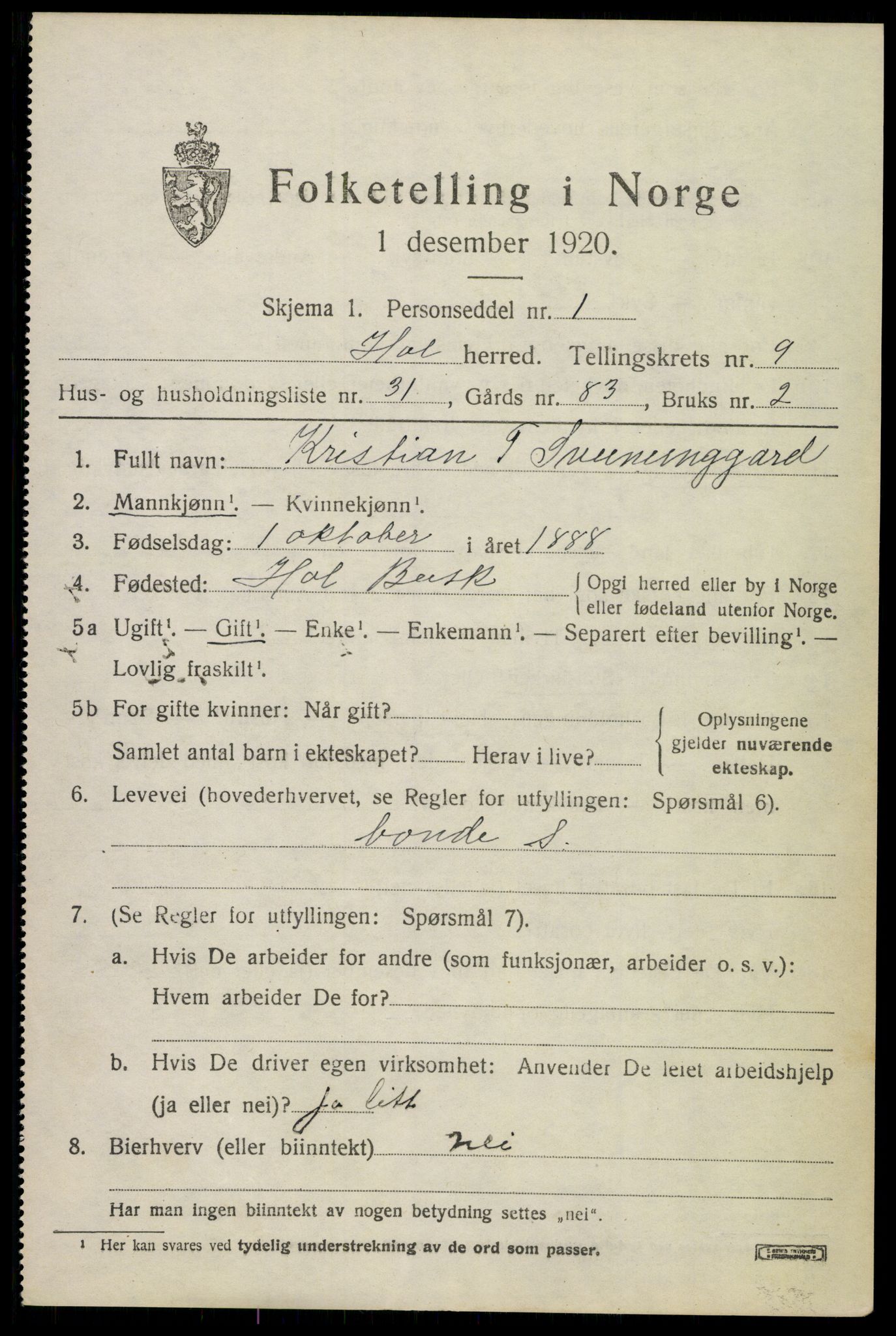 SAKO, 1920 census for Hol (Buskerud), 1920, p. 5295