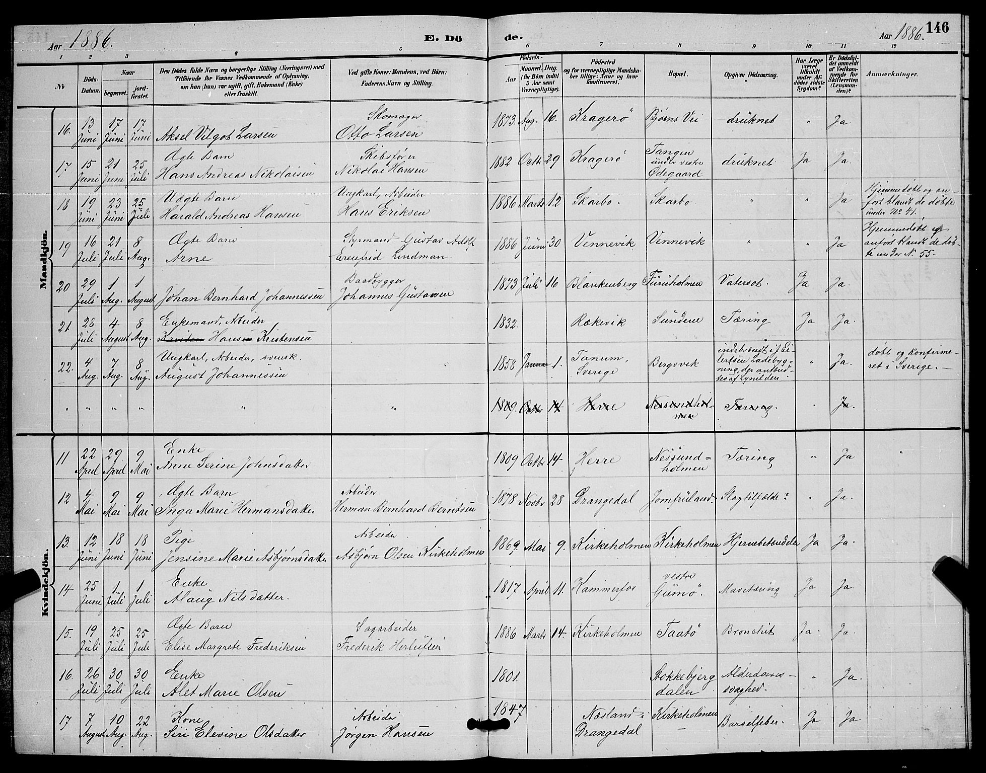 Skåtøy kirkebøker, AV/SAKO-A-304/G/Ga/L0003: Parish register (copy) no. I 3, 1884-1898, p. 146