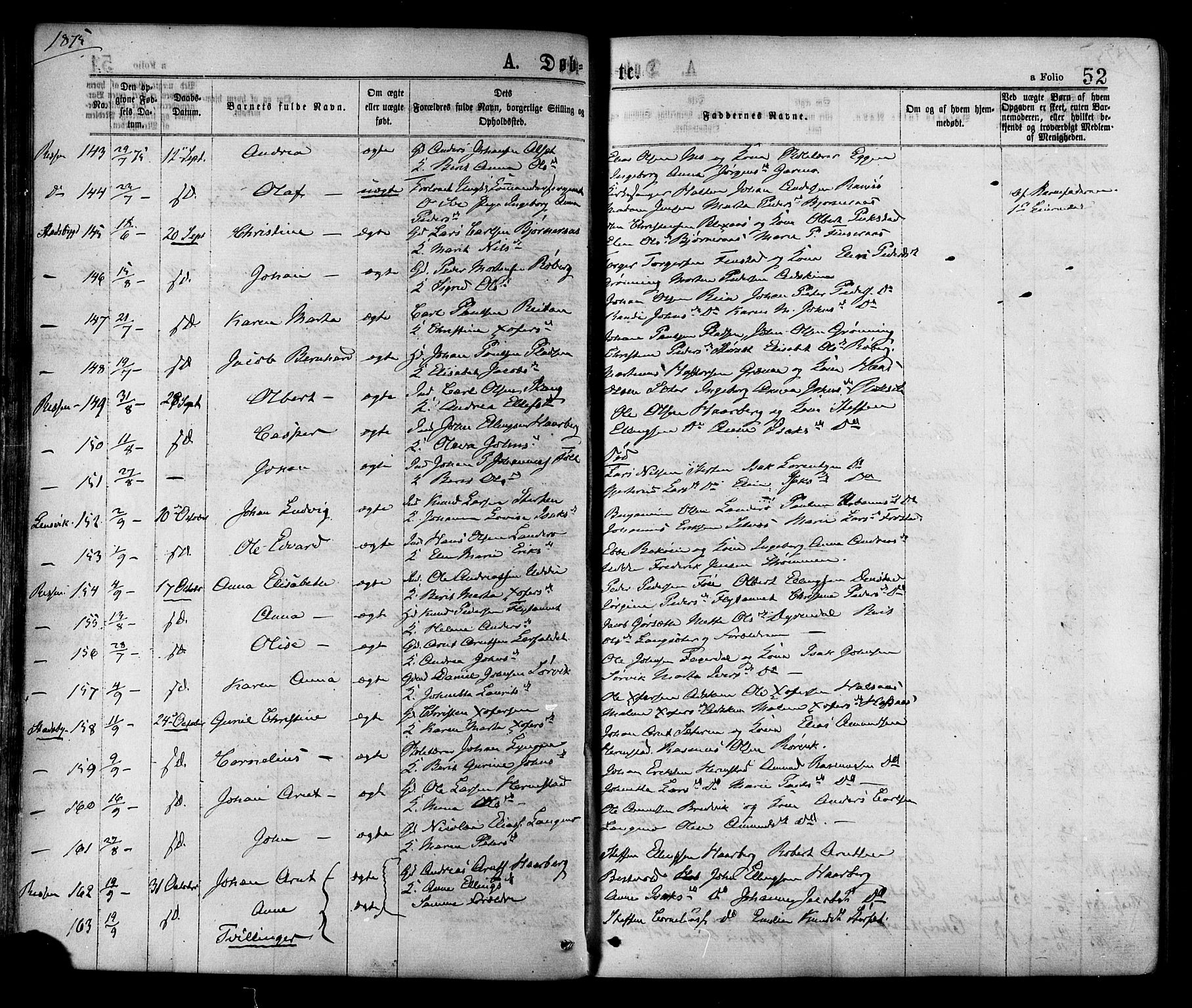 Ministerialprotokoller, klokkerbøker og fødselsregistre - Sør-Trøndelag, SAT/A-1456/646/L0613: Parish register (official) no. 646A11, 1870-1884, p. 52
