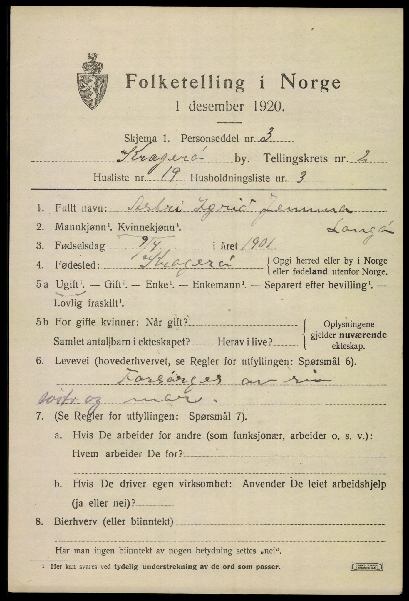 SAKO, 1920 census for Kragerø, 1920, p. 5579