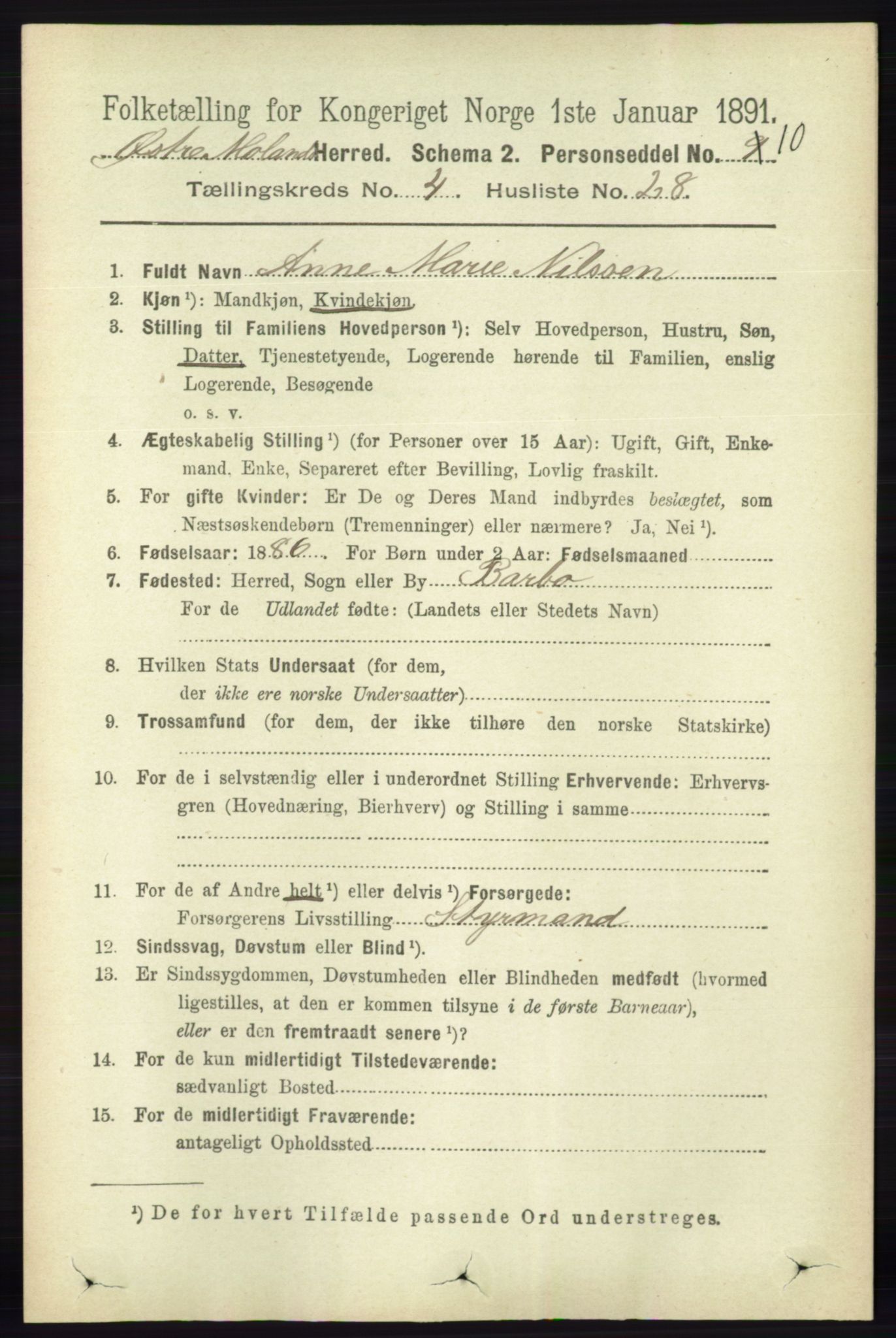 RA, 1891 census for 0918 Austre Moland, 1891, p. 2215