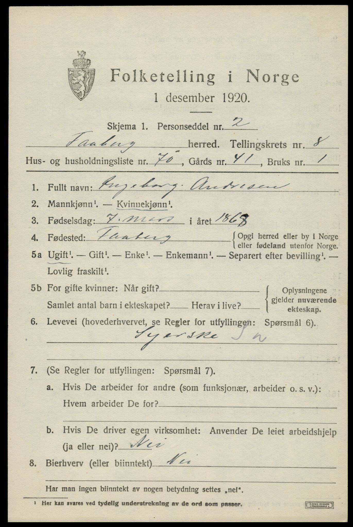 SAH, 1920 census for Fåberg, 1920, p. 10036