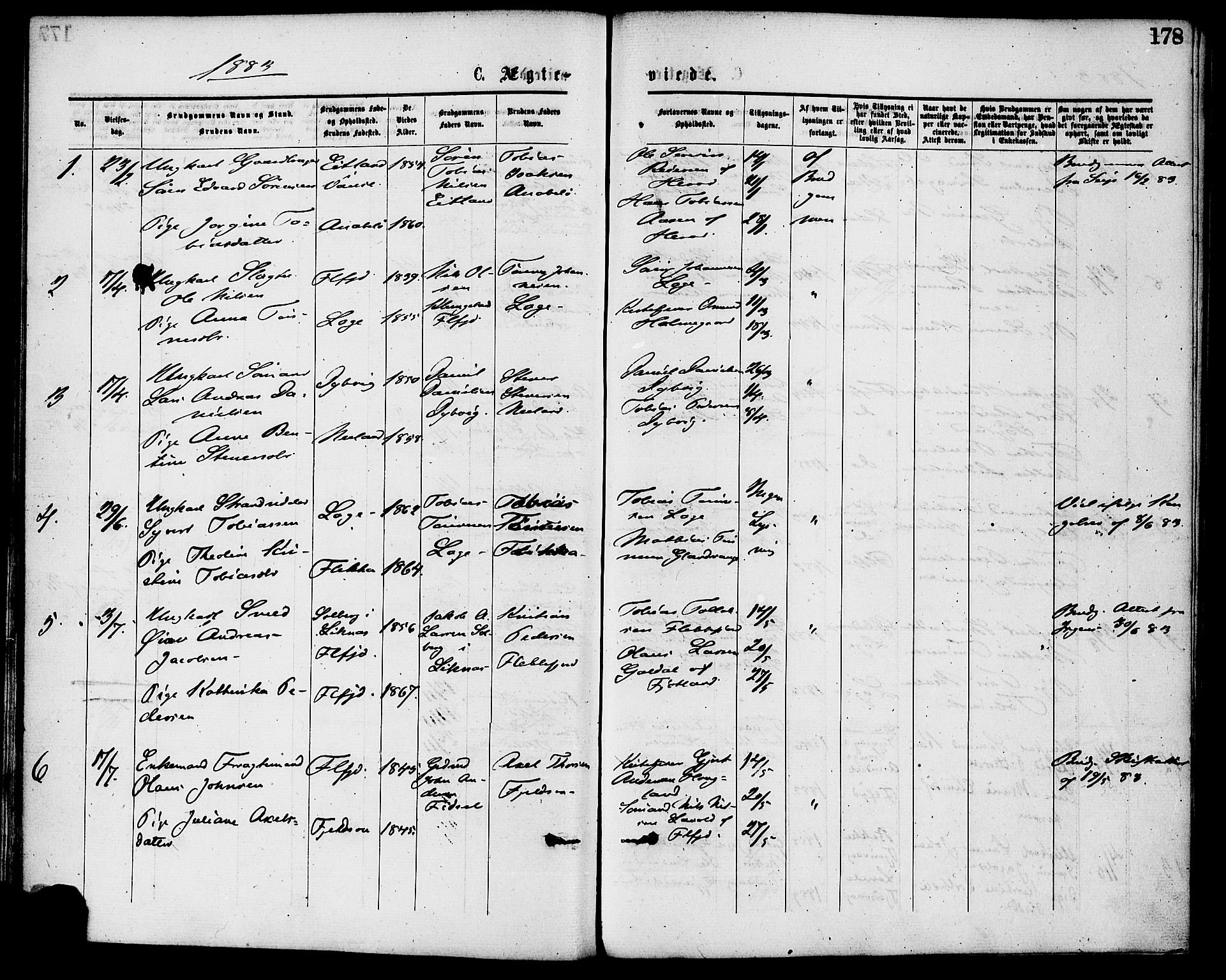 Flekkefjord sokneprestkontor, AV/SAK-1111-0012/F/Fa/Fac/L0007: Parish register (official) no. A 7, 1875-1885, p. 178